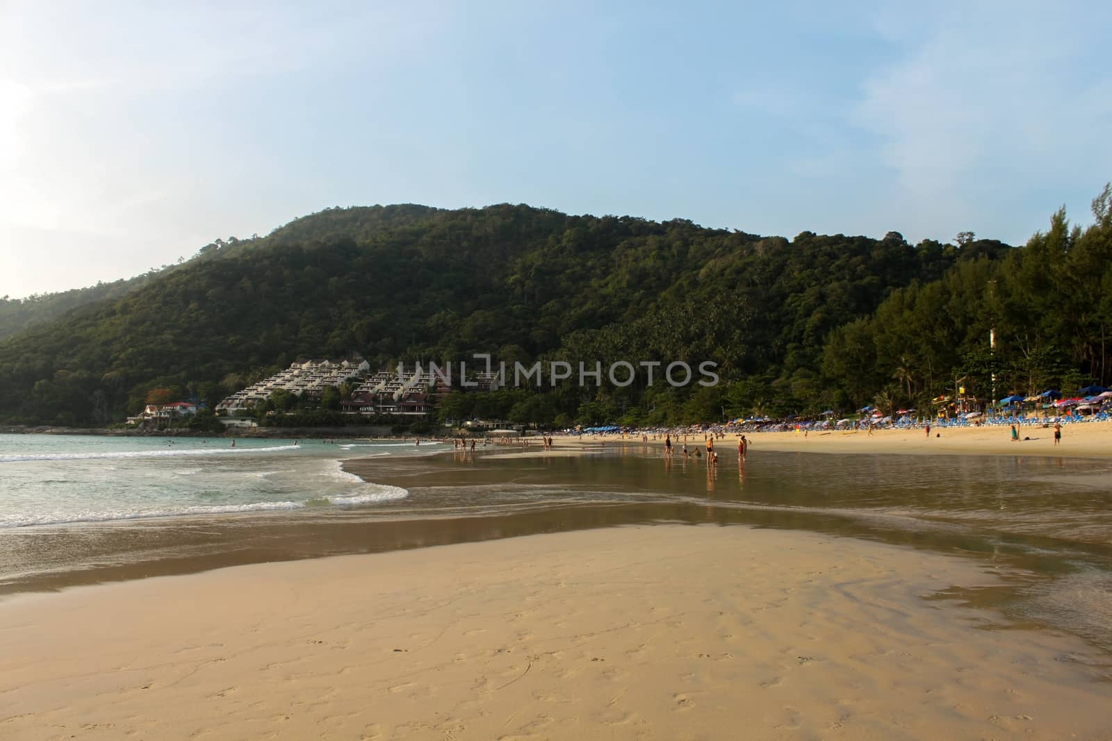 Sea and sand on the beach in blue sky with coast background. by evolutionnow