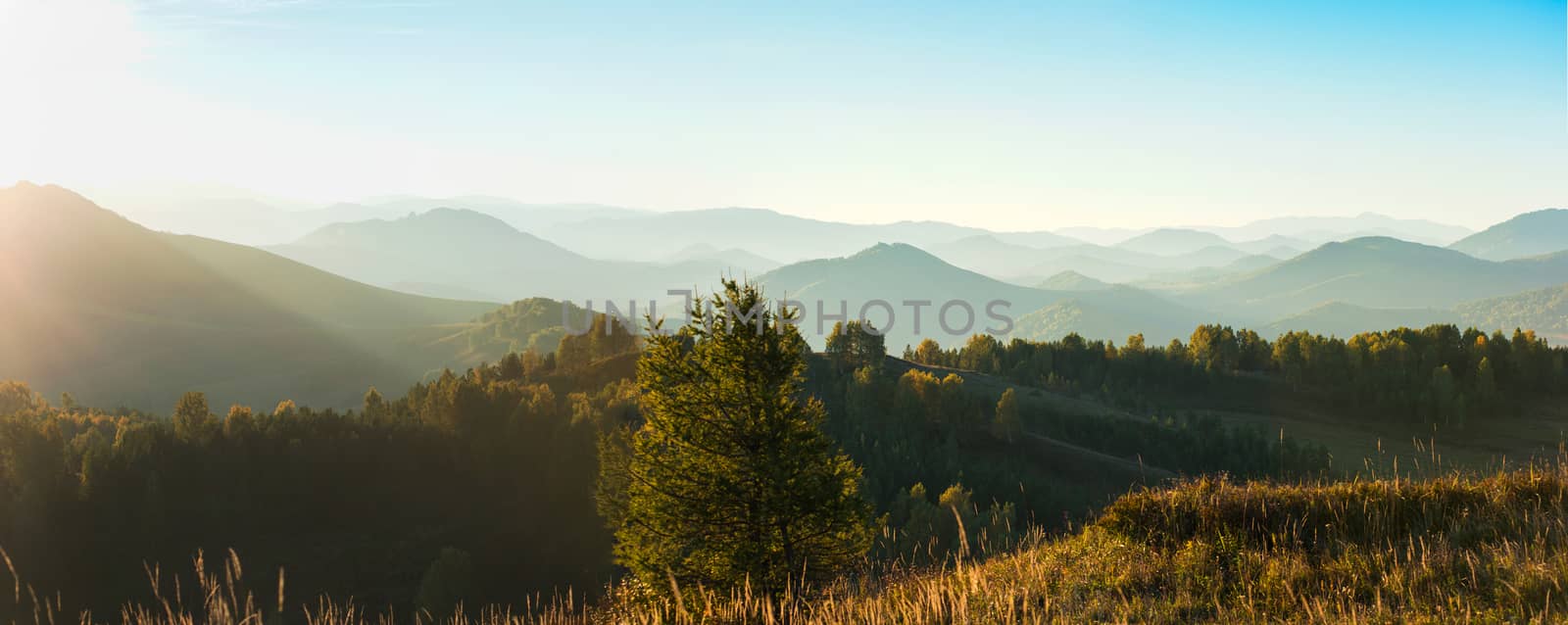 Beauty dawn in the mountains in Altay, panoramic picture