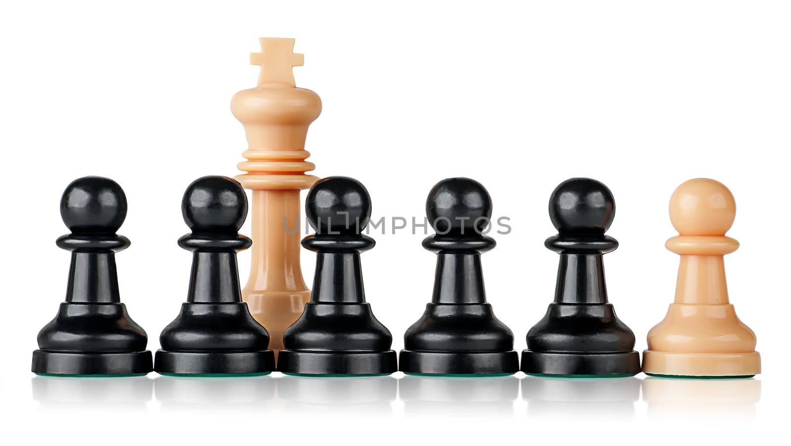 White chess king and pawns isolated on white background