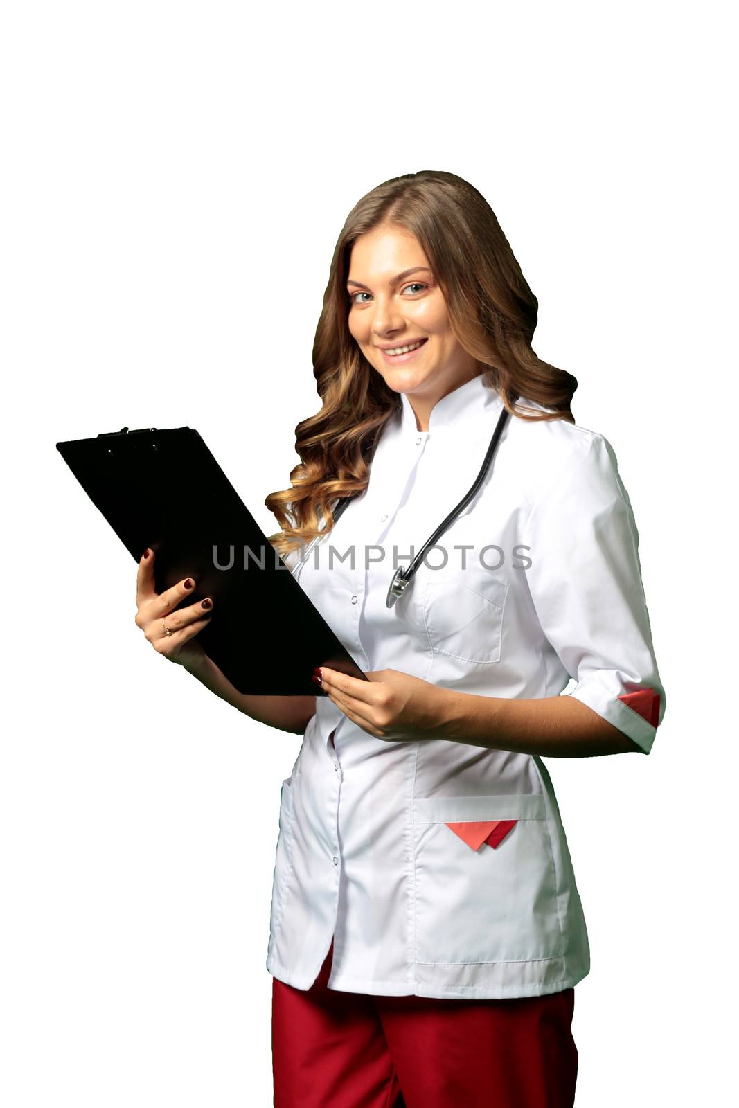 Female doctor in white coat isolated on white background