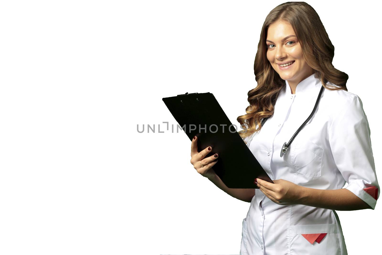 Female doctor in white coat isolated on white background