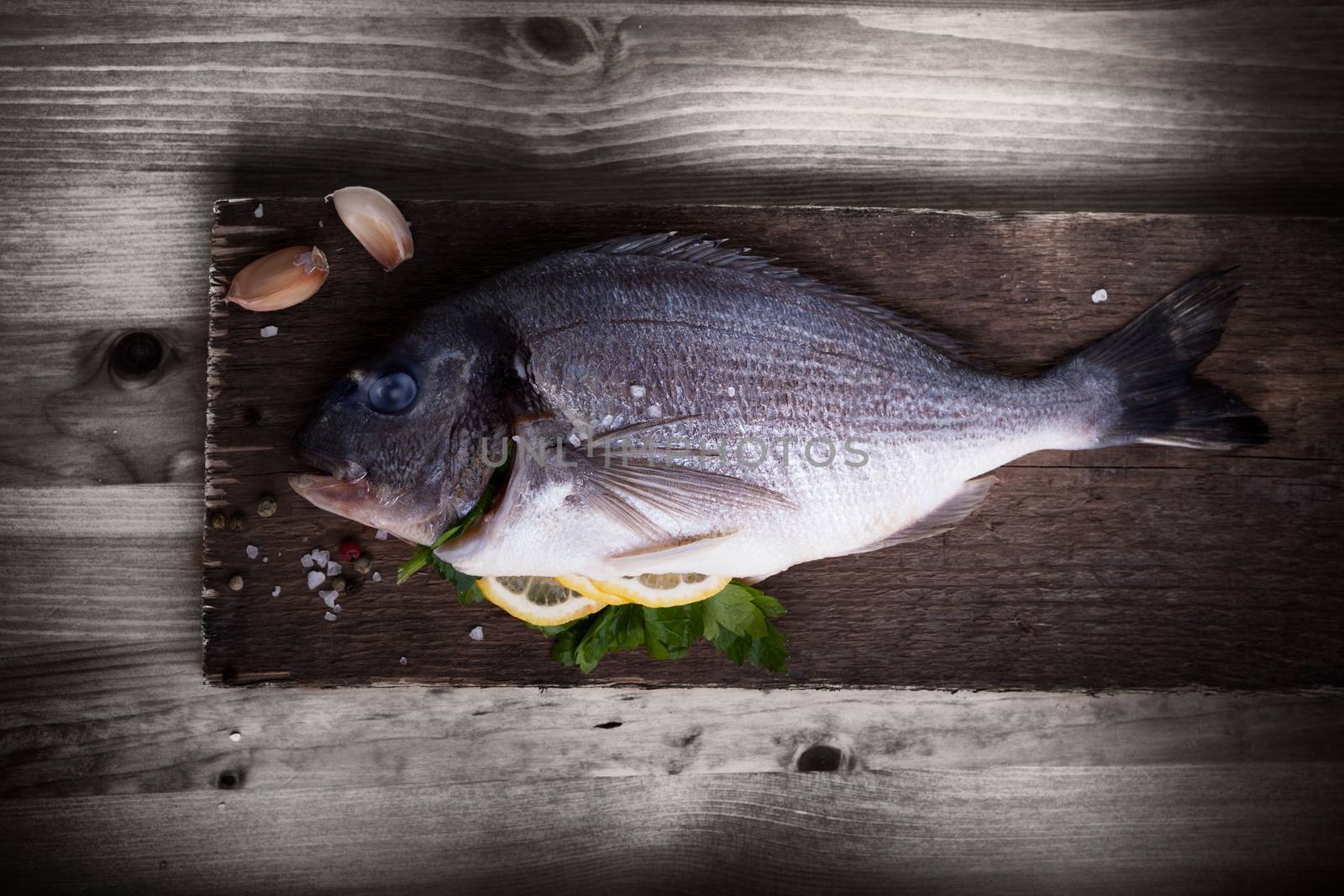 Sea Bream fish Dorade on a wooden board