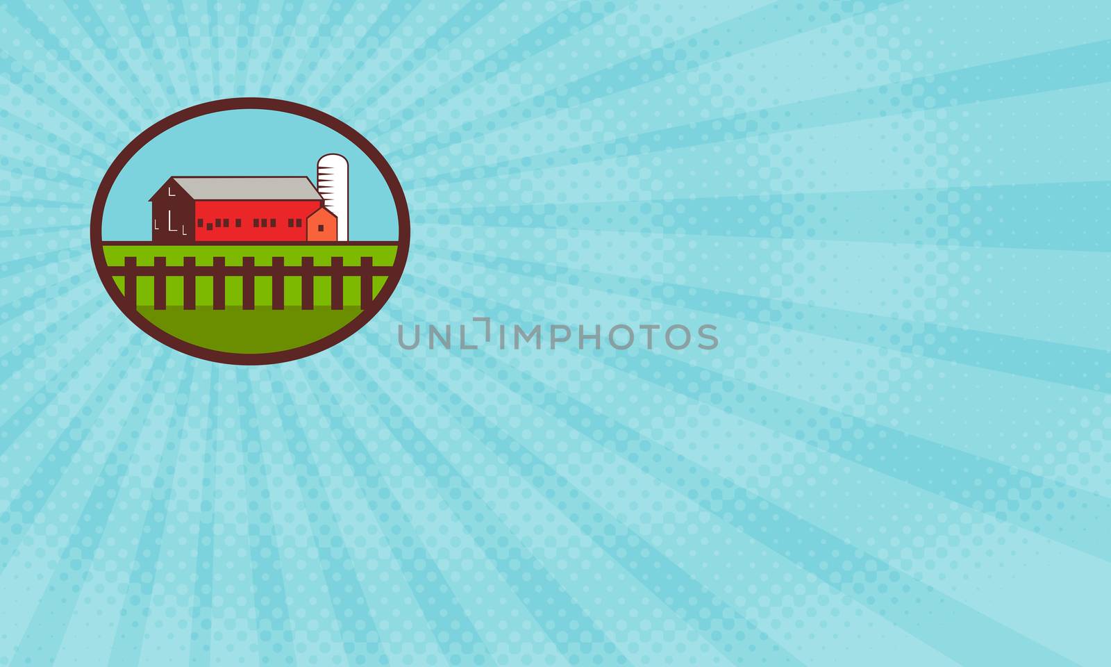 Business card showing Illustration of a farm house barn and silo with fence set inside oval shape done in retro style. 



