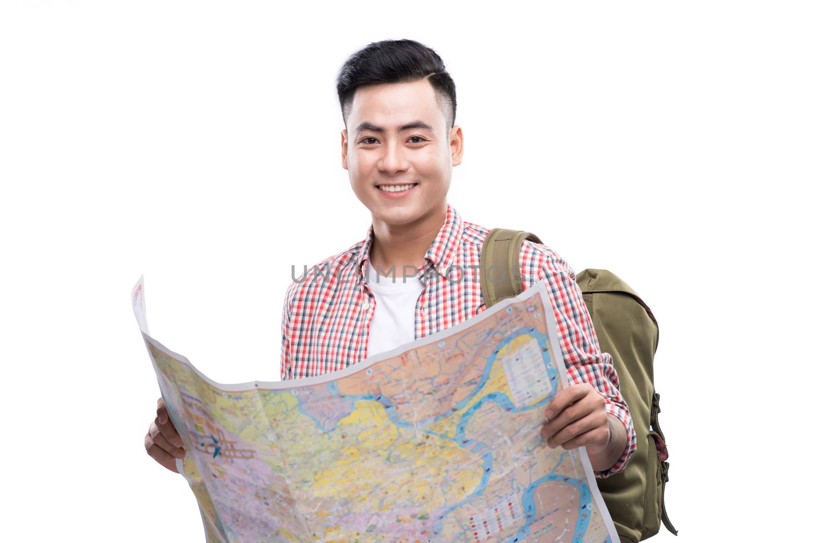 Young asian traveler holding map isolated