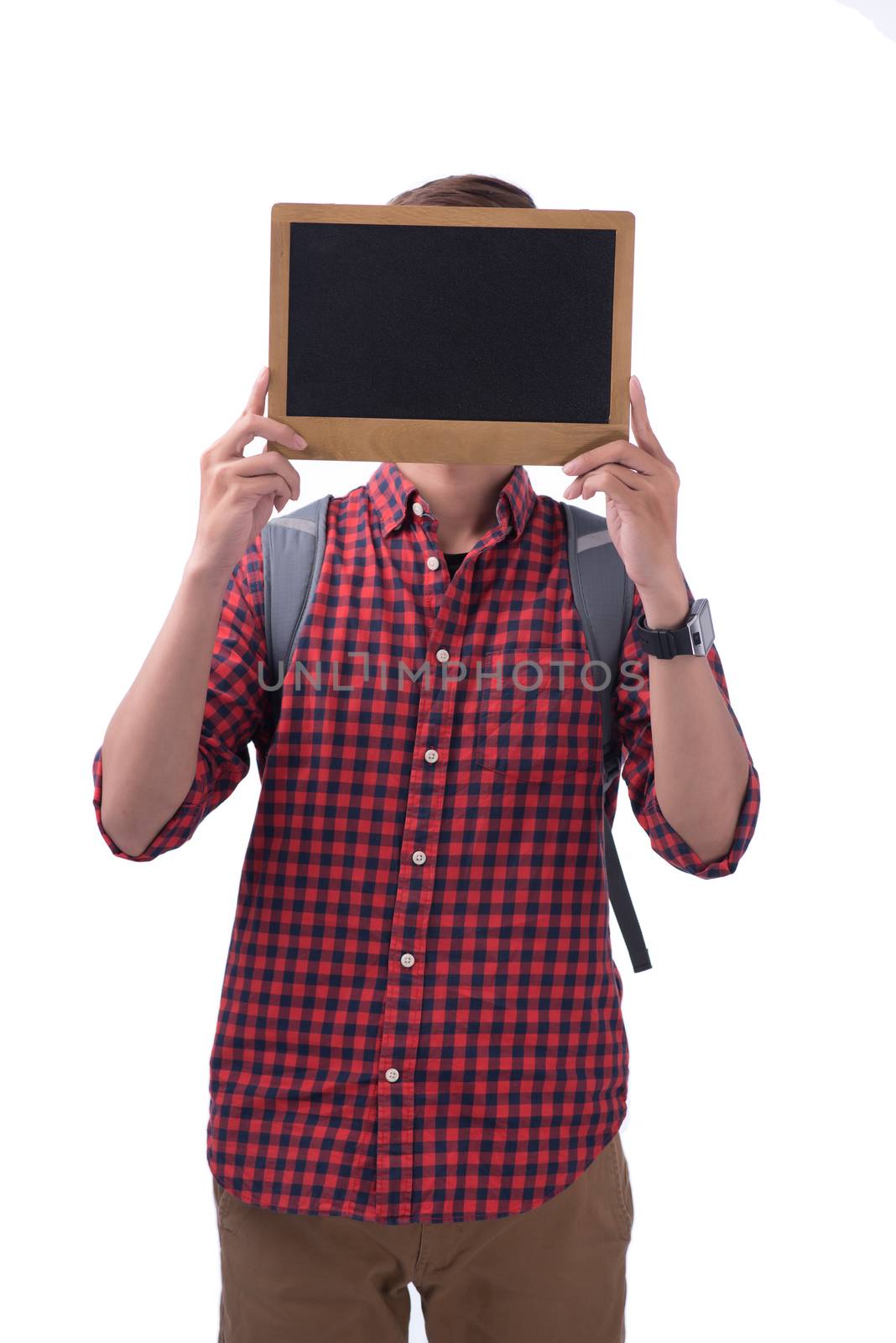 Asian male student covering his face with a chalkboard by makidotvn