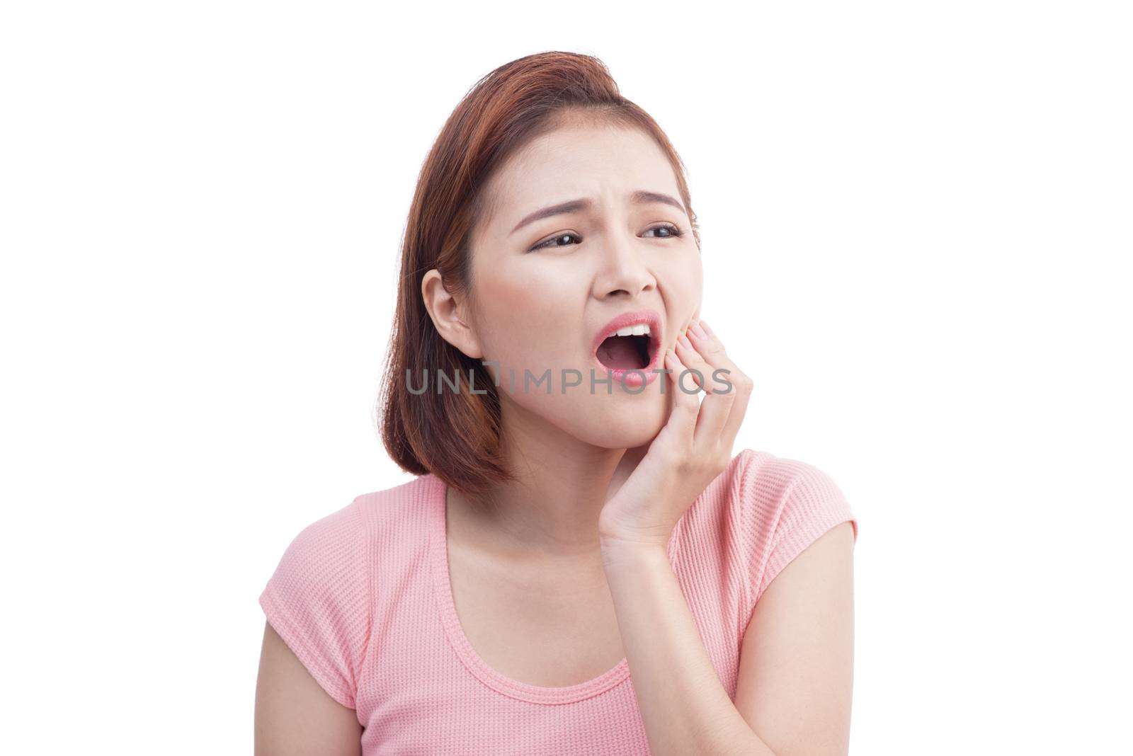 Asian woman with toothache isolated on white