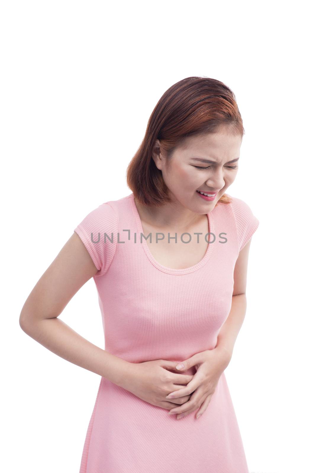 Young beautiful asian woman is having stomach ache. Isolated on  by makidotvn