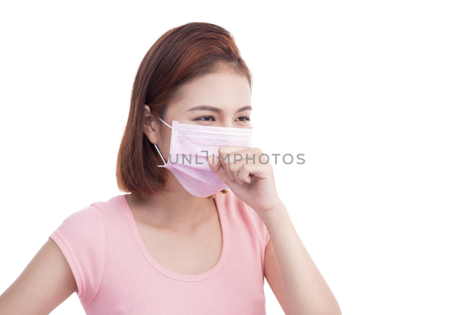 Woman get sick. Asian young woman wear medical face mask