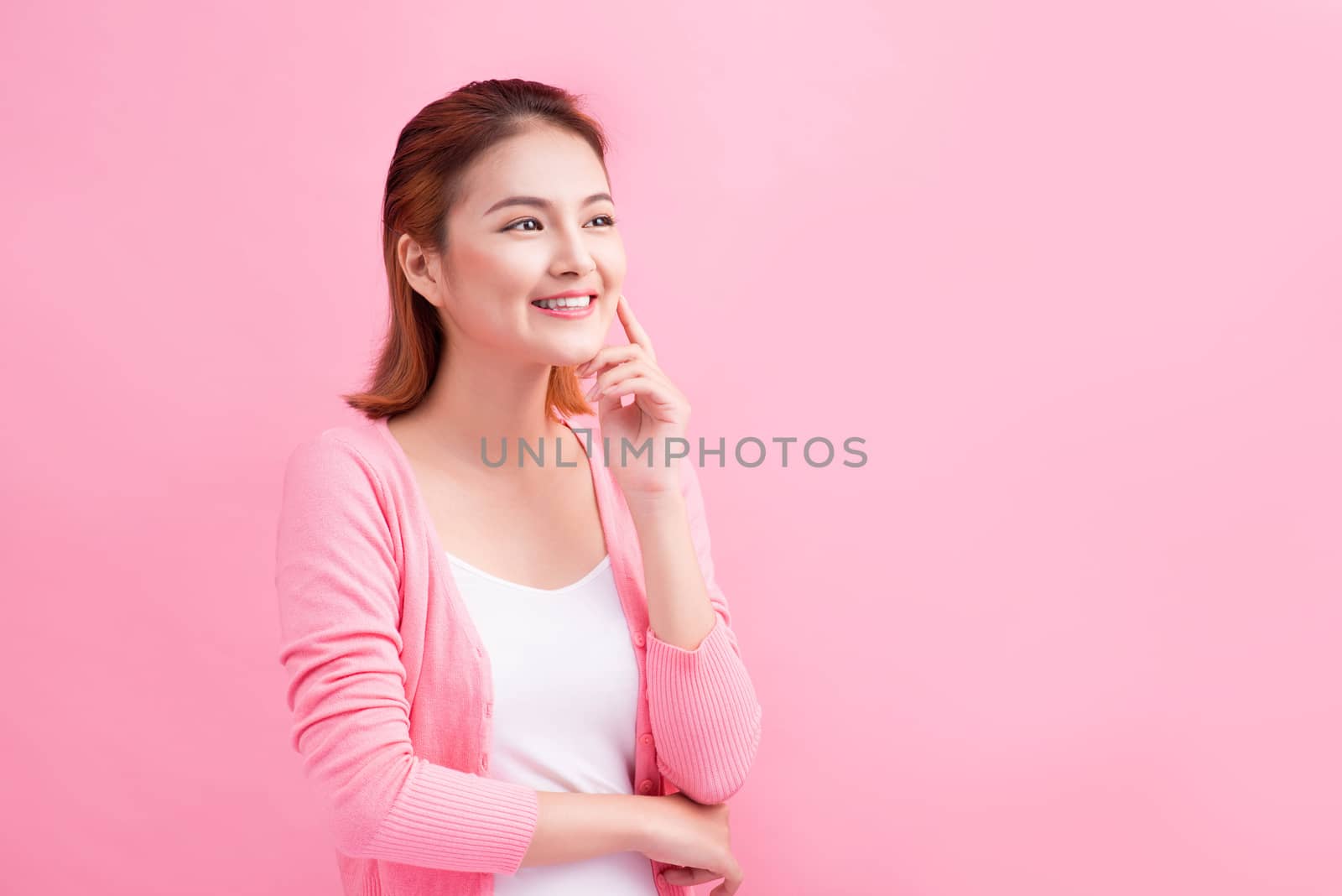 Beauty Asian Young Portrait. Beautiful Thinking Woman Touching h by makidotvn