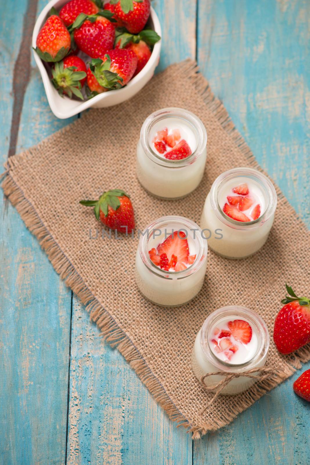 Strawberry Yoghurt. Healthy food with Strawberries and yoghurt breakfast on table.