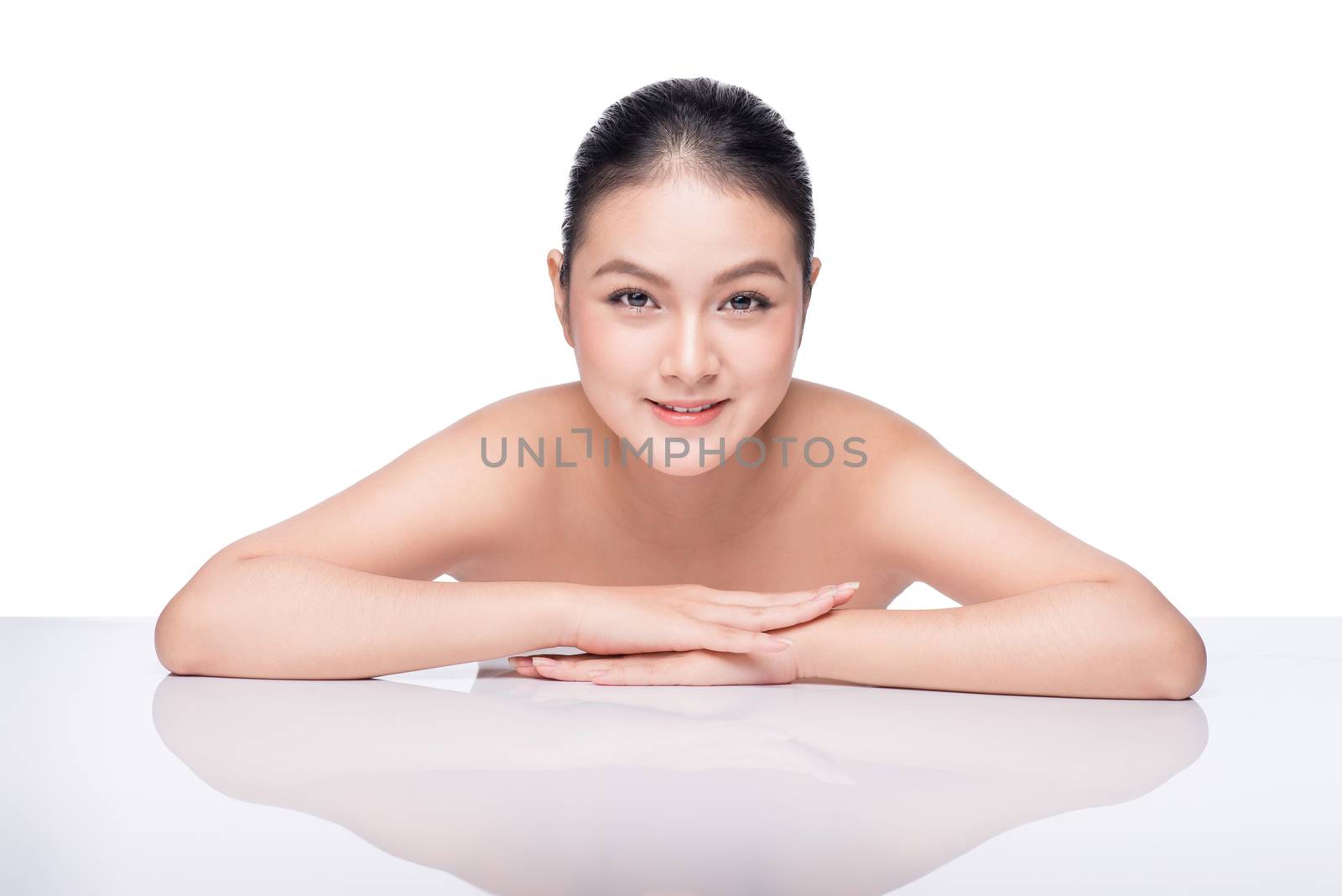 Fashion Model Girl Face. Beautiful Young Asian Woman with Clean Fresh Skin. Perfect Skin.