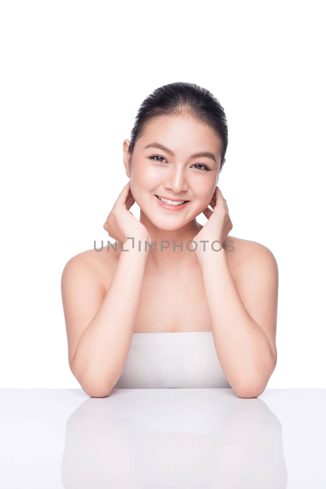 Fashion Model Girl Face. Beautiful Young Asian Woman with Clean Fresh Skin. Perfect Skin.