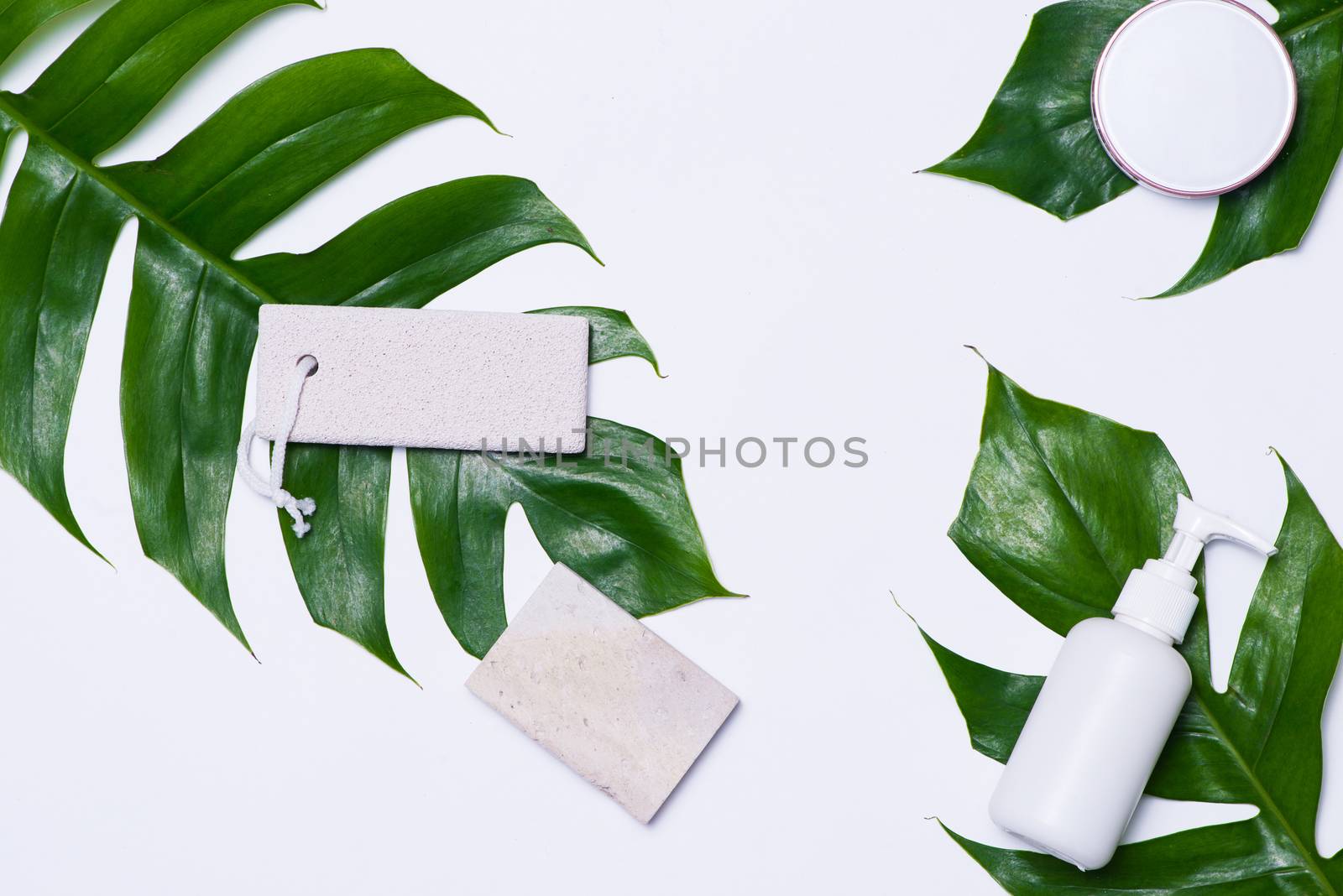 Cosmetics SPA branding mock-up, top view, on white background. by makidotvn