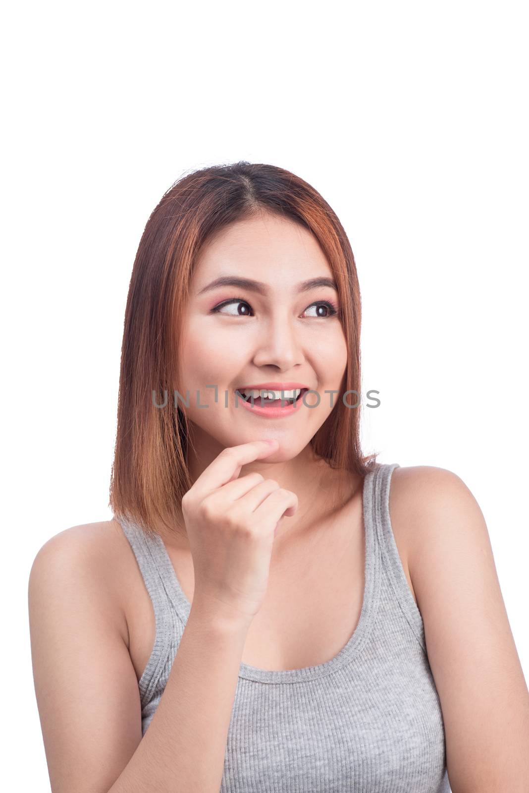 Attractive asian young woman thinking isolated on white background