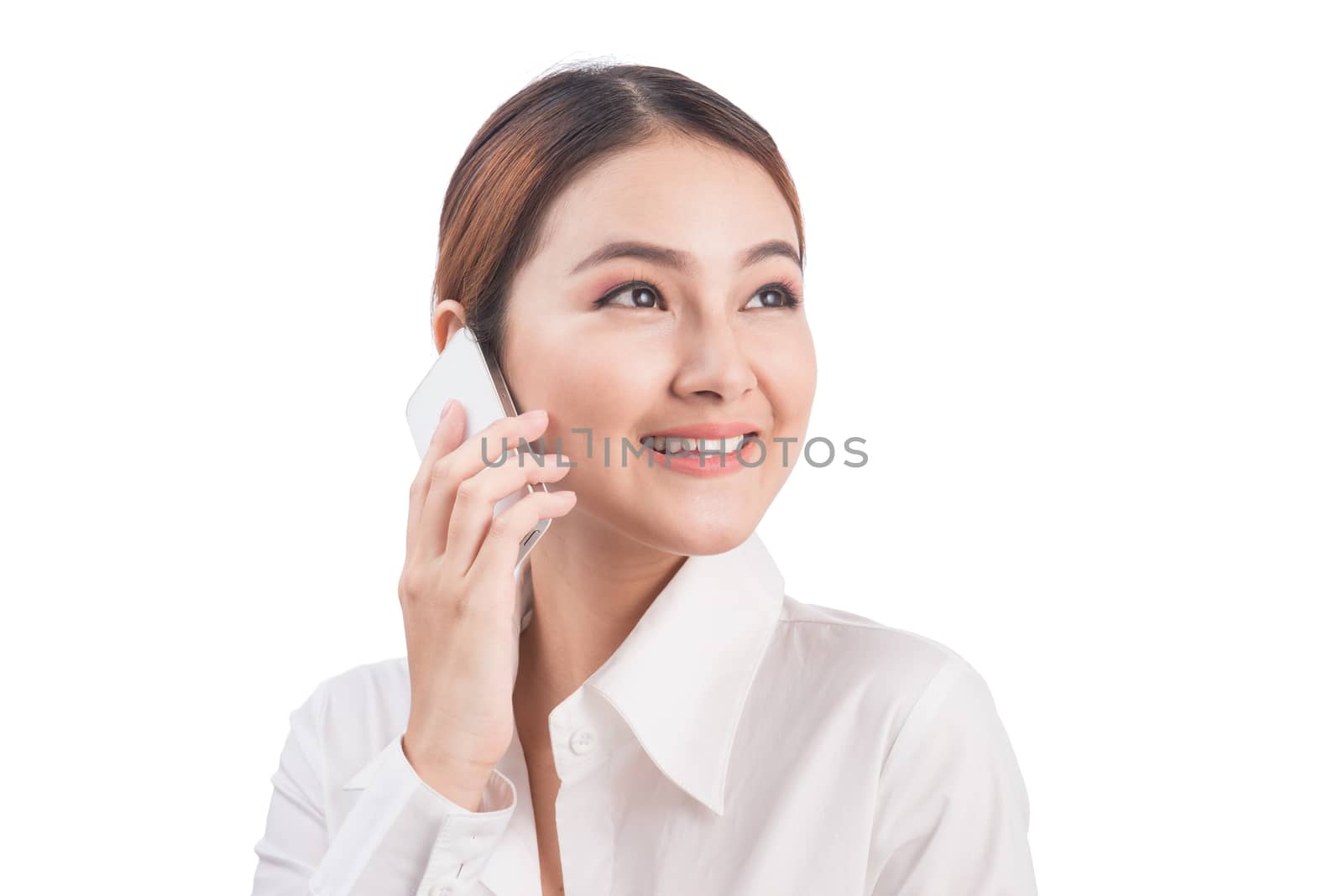 Full length portrait of Beautiful Young Asian Business Woman listening to mobile phone isolated on white background.