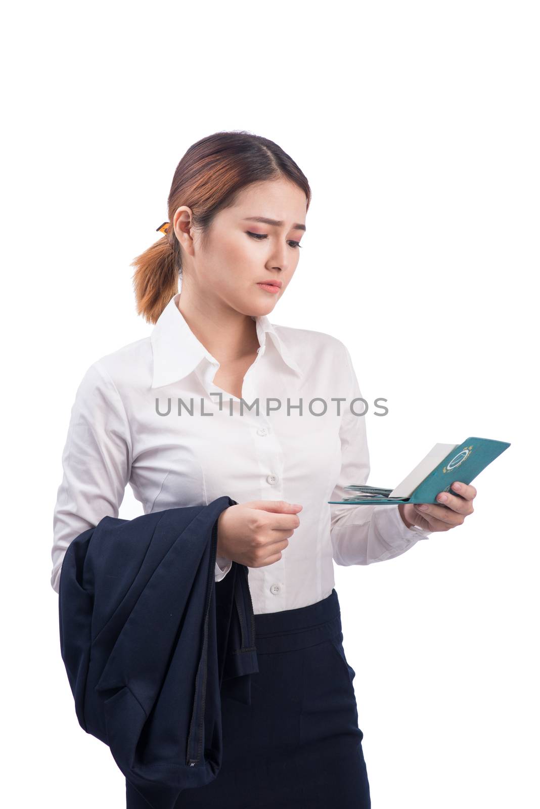 Portrait of asian businesswoman traveling with suitcase and holding passport and ticket.