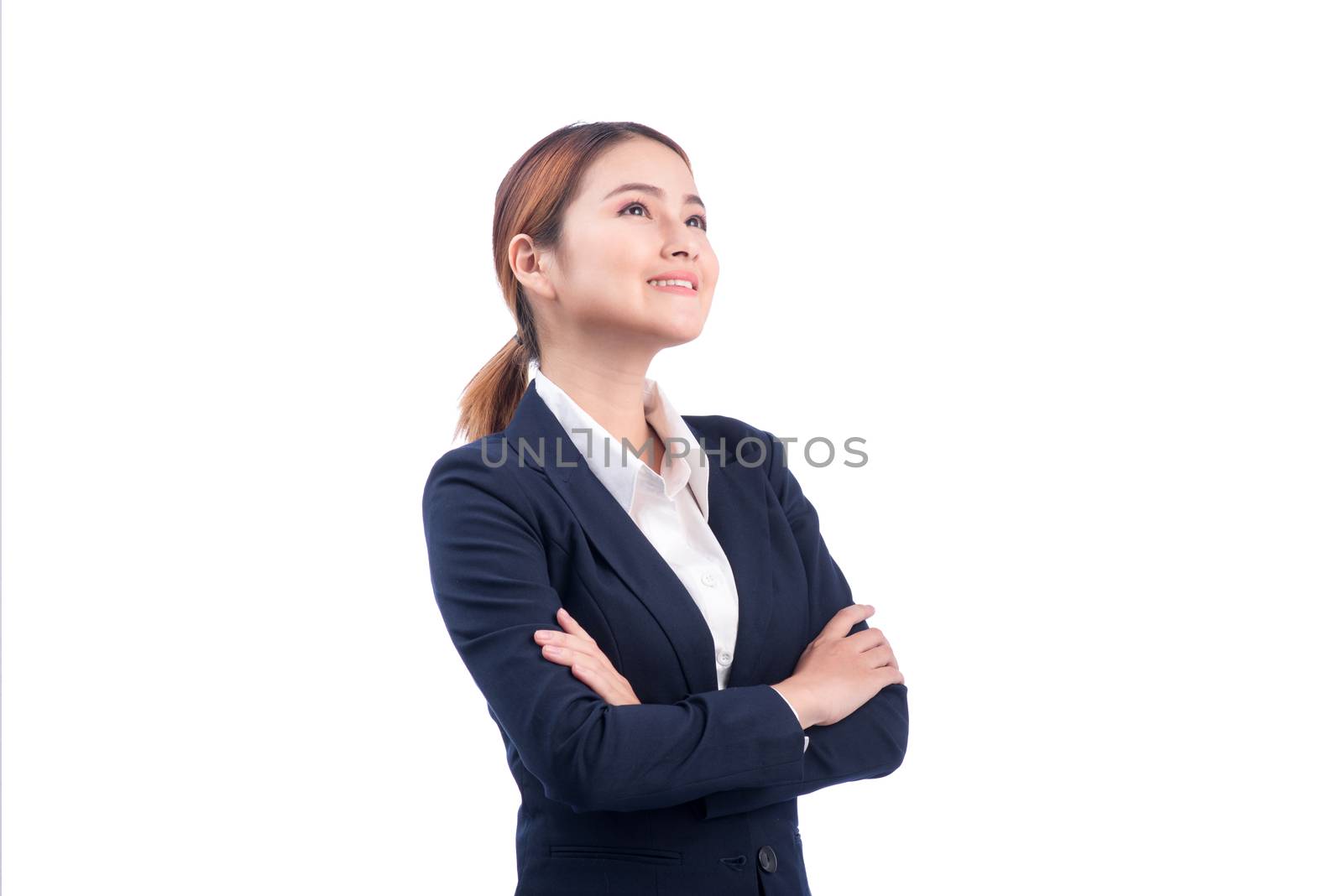 Business young asian woman portrait. Crossed arms. Isolated on W by makidotvn