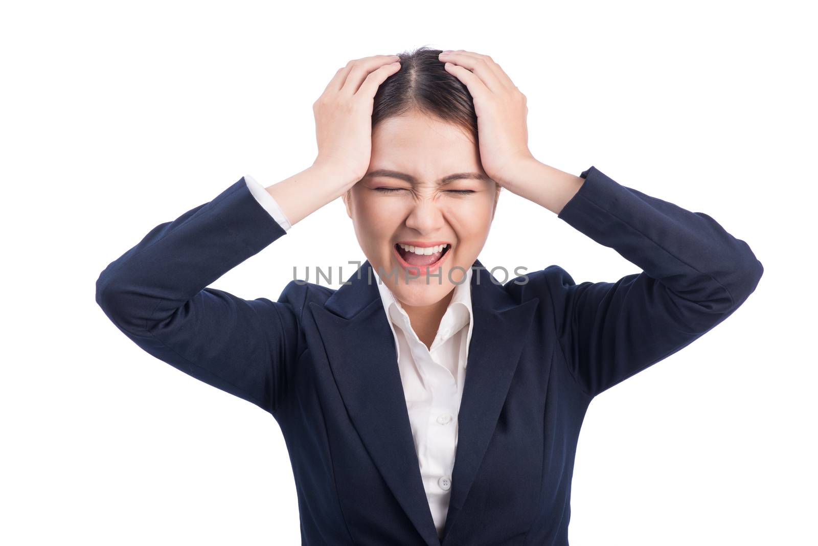 Portrait of exhausted asian businesswoman isolated on white.