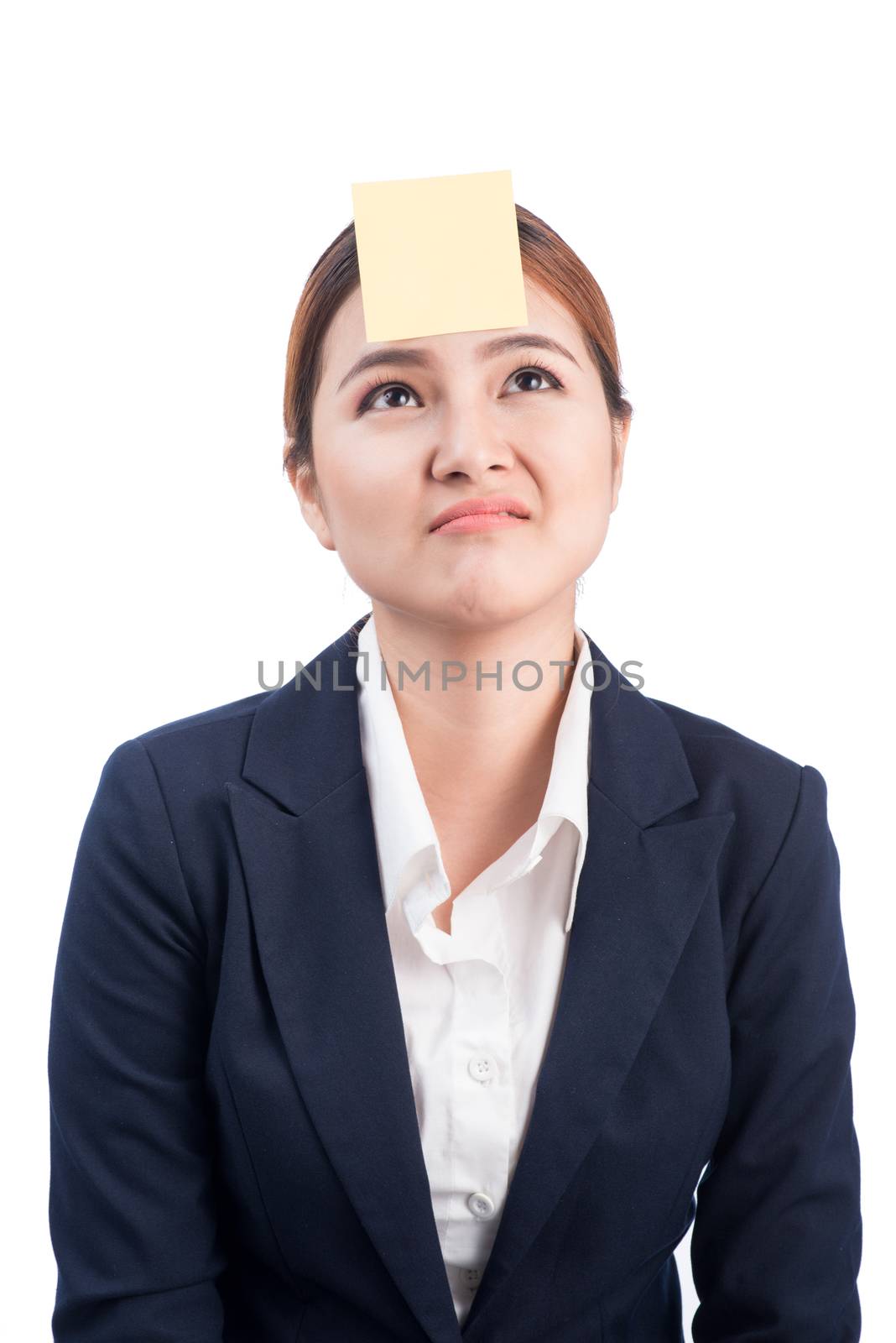 A portrait of a young confused business woman with a sticky note by makidotvn