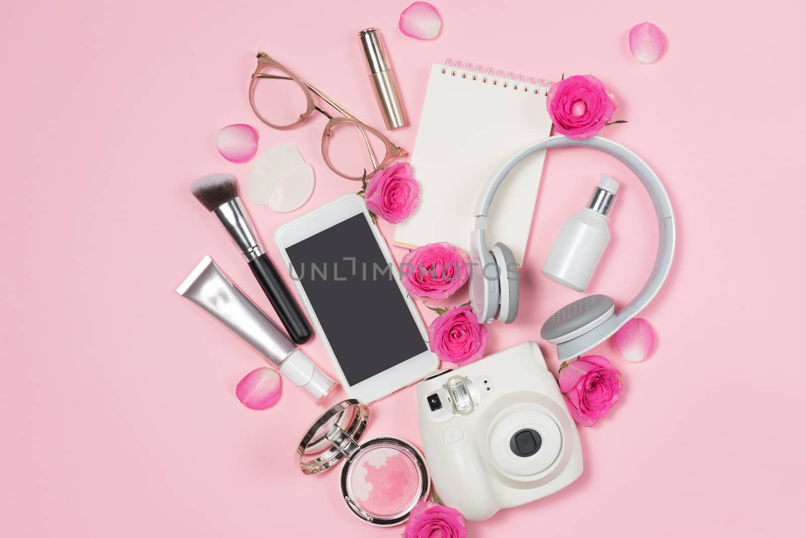 Fashion Cosmetic Makeup with Rose. Flat lay, top view on pink  background