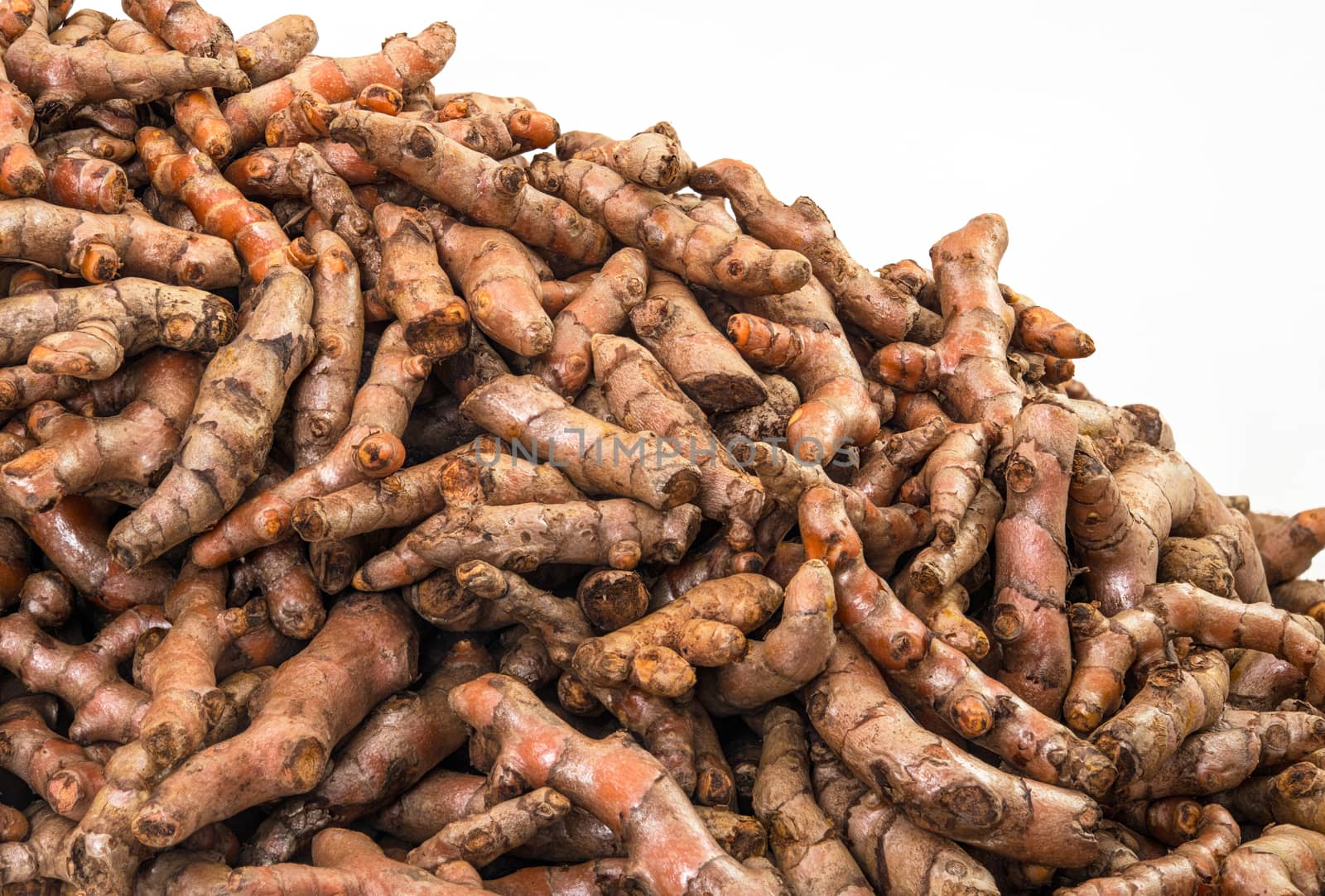 Fresh turmeric roots display on sale in the fresh vegetable market