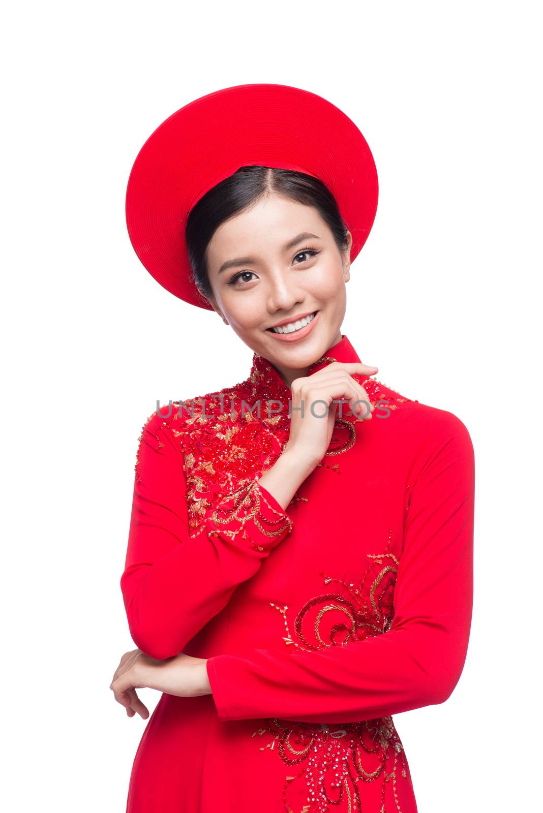 Charming Vietnamese Bride in Red Ao Dai Traditional Dress with hat.