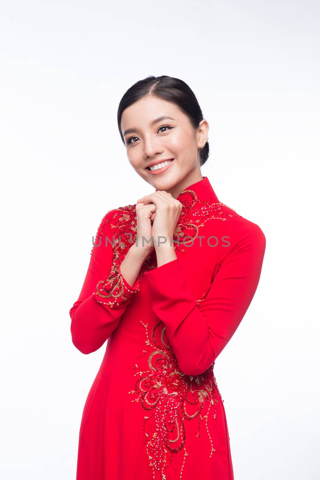 Charming Vietnamese Woman in Ao Dai Traditional Dress, Gesture t by makidotvn