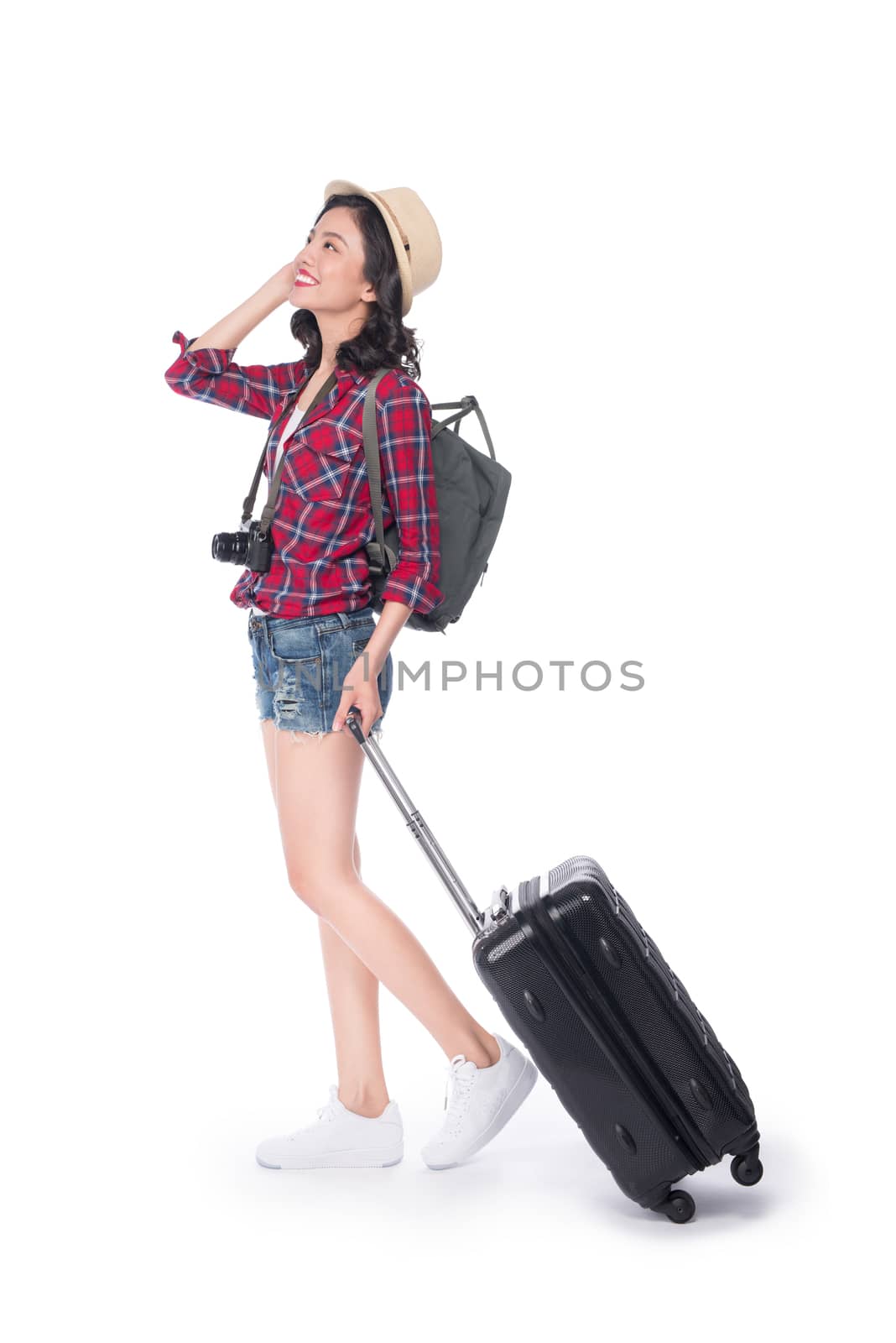 Woman travel. Young beautiful asian woman traveler with suitcase and camera on white background