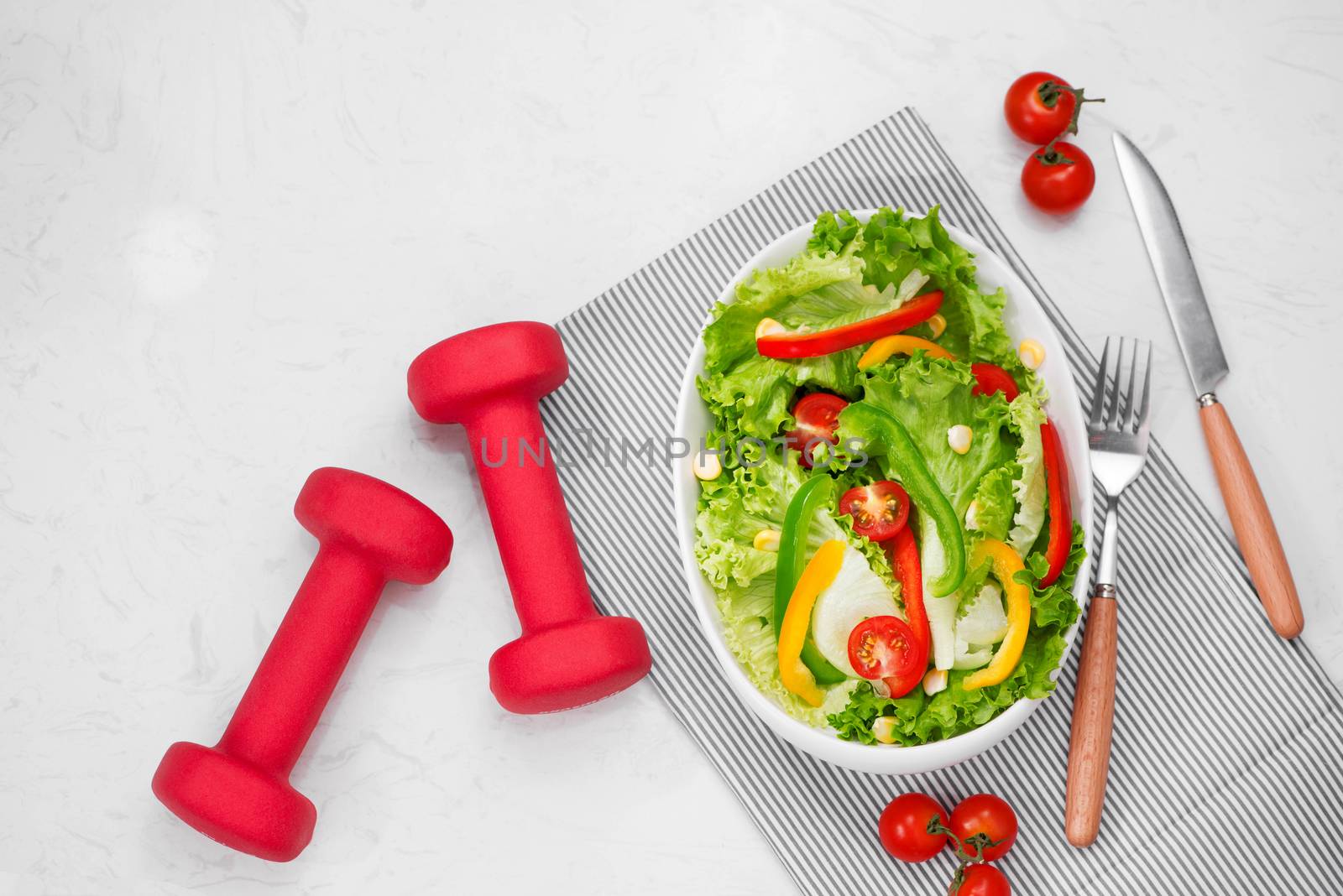 Healthy fitness meal with fresh salad. Diet concept.