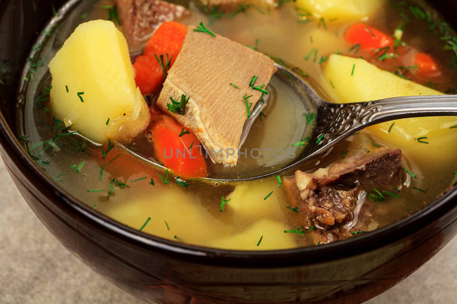 Plate of vegetable soup with meat