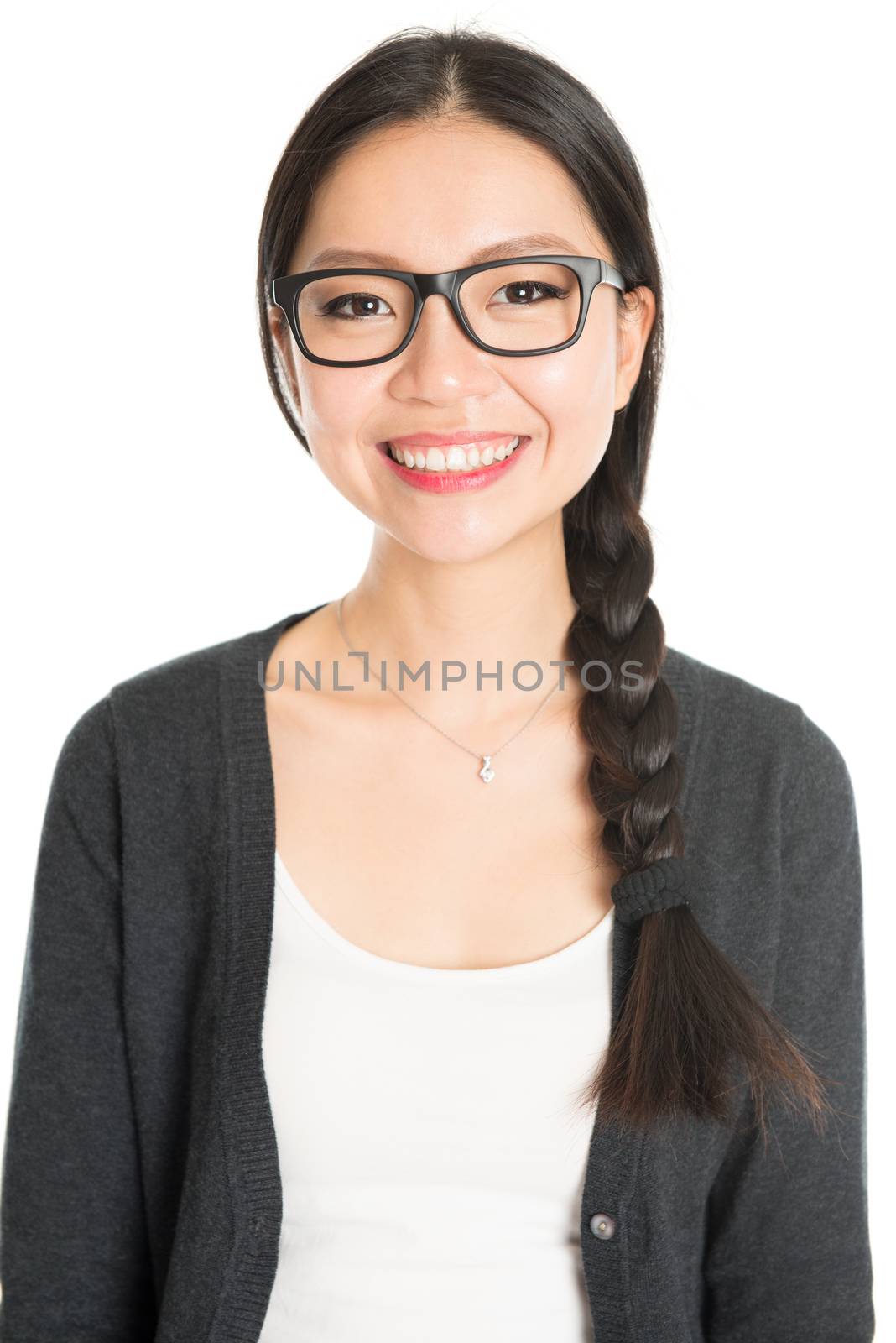 Portrait of young Asian girl with braid hair is smiling, isolated on white background.