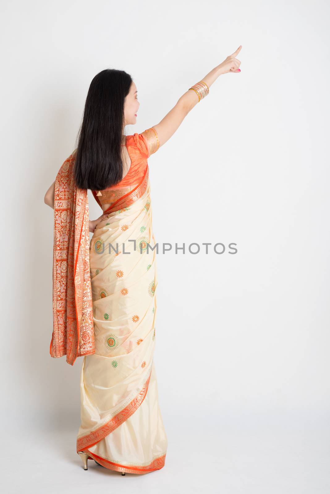 Rear view young mixed race Indian Chinese female in traditional sari dress pointing away, full length on plain background.