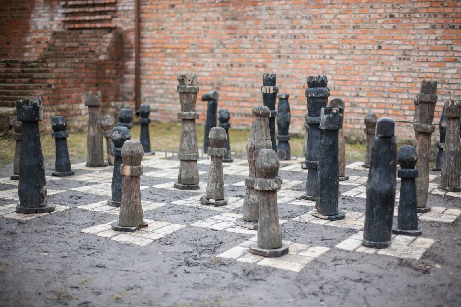 Encient big chess shapes at High old Lubart Castle in Lutsk Ukraine