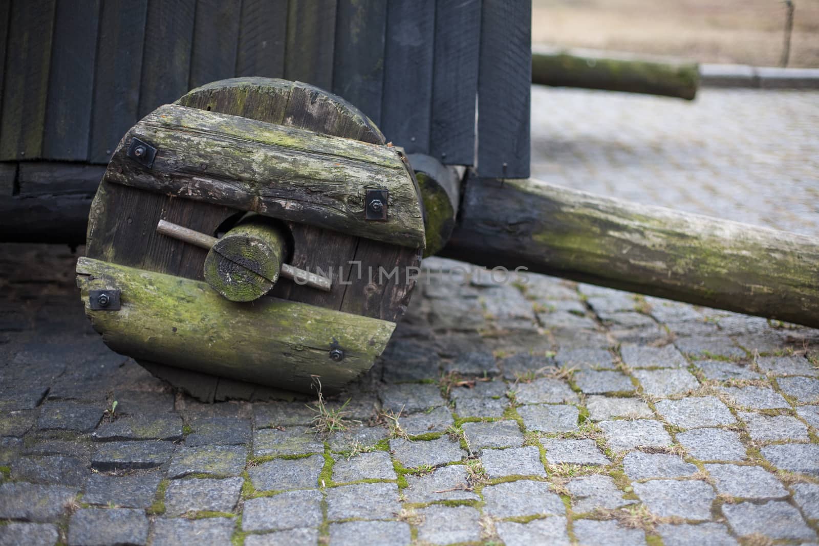 Military wooden props with wheels in the old castle