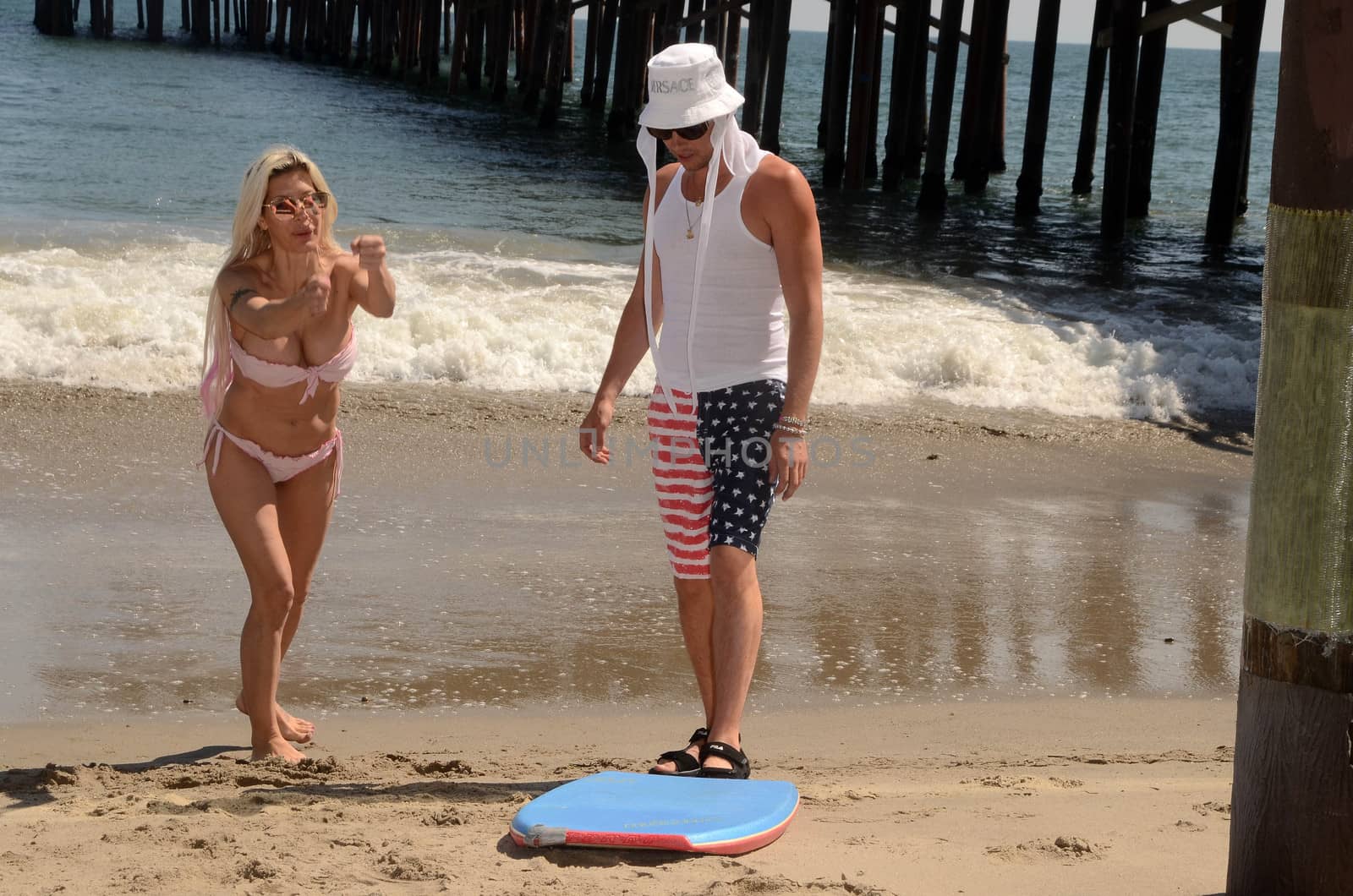 Frenchy Morgan, Jesse Willesee at Malibu beach where the Australian Musician teaches the "Celebrity Big Brother" star to Boogie Board, Malibu Beach, Malibu, CA 04--10-17