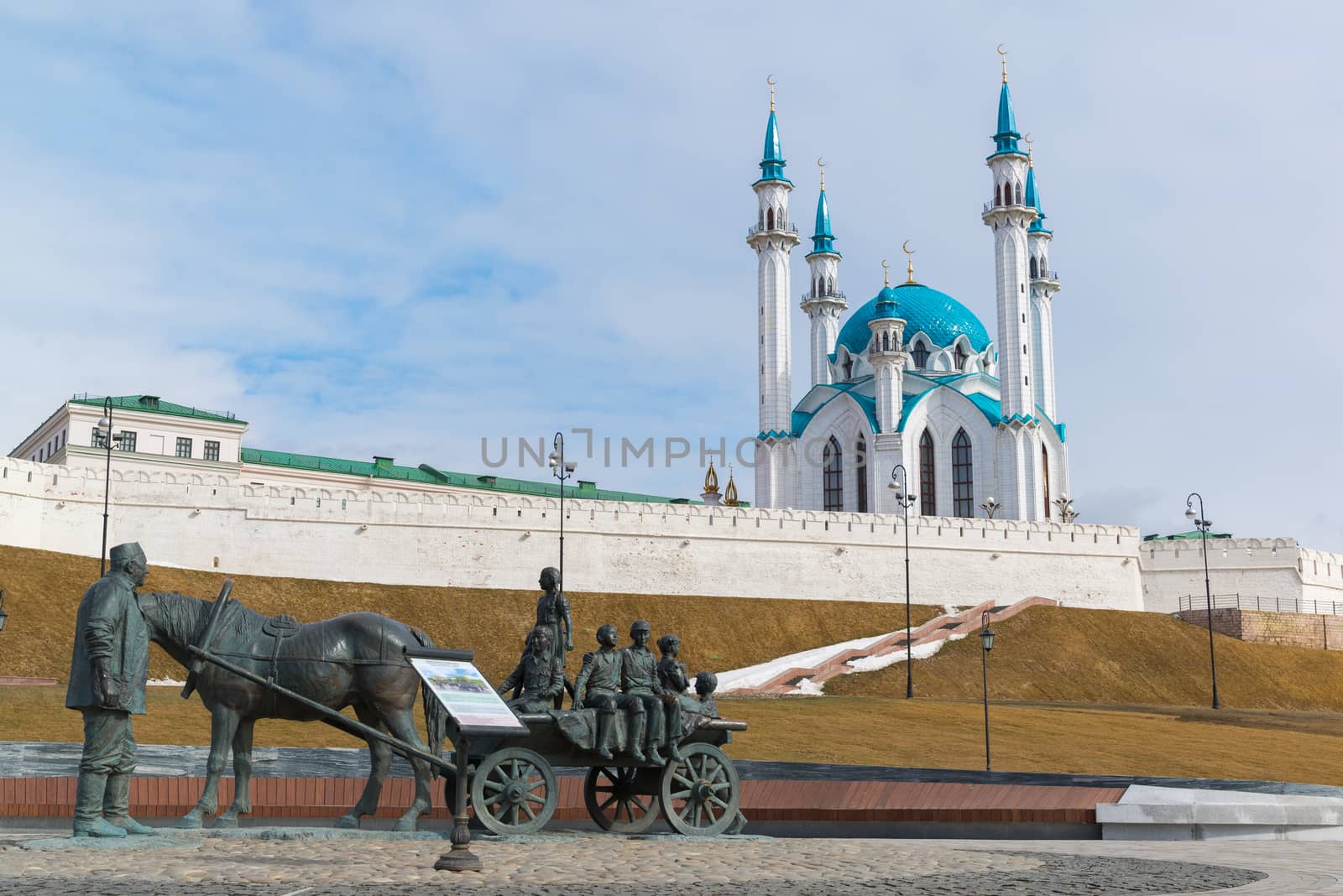 Kazan, Russia - March 28.2017. Monument to the benefactor against the backdrop of the Kazan Kremlin. Russia, the Republic of Tatarstan