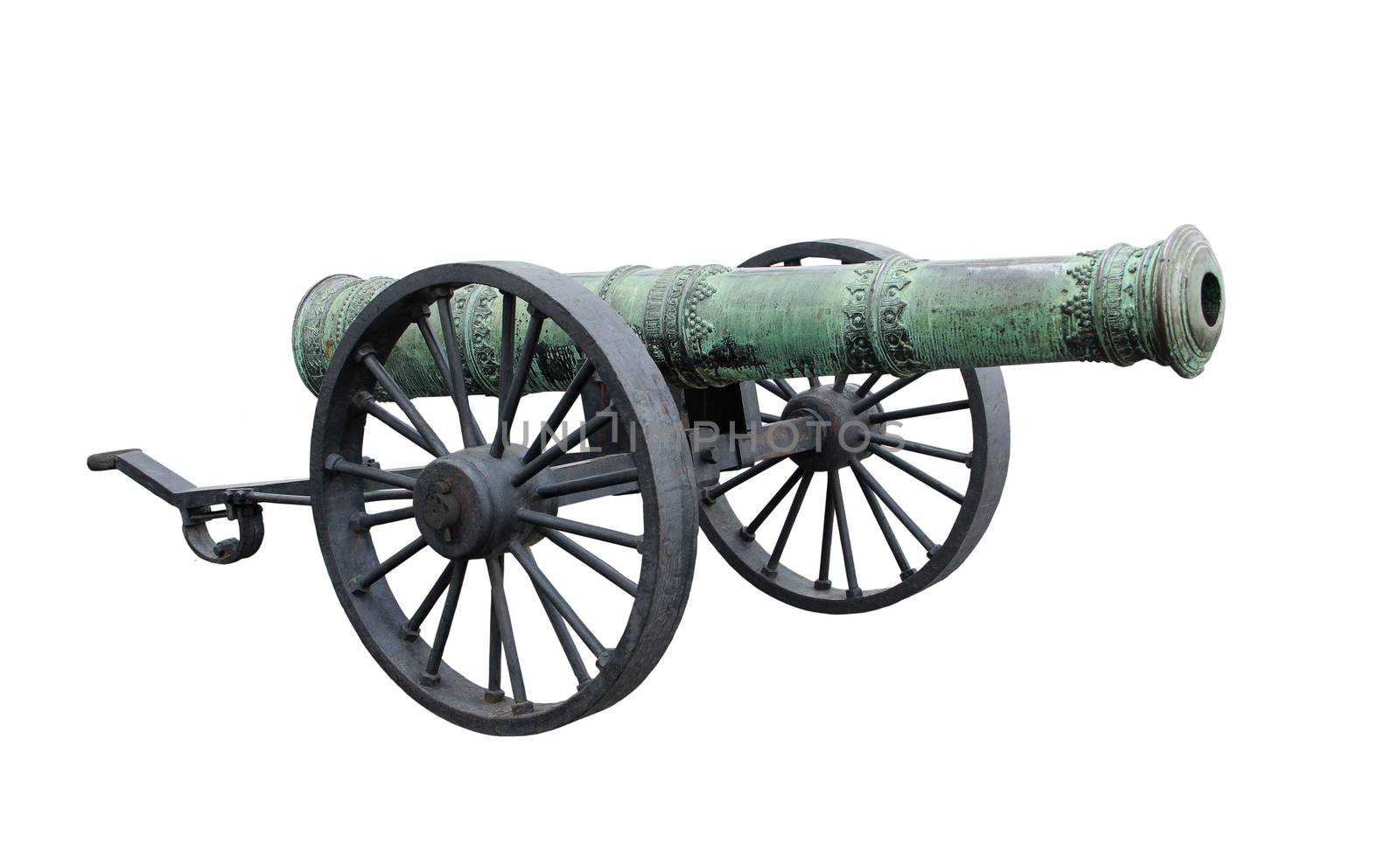 Ancient decorative cast iron Cannon isolated white background.