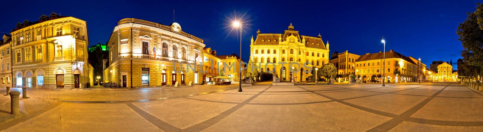 Ljubljana square and landmarks evening panoramic view, capital of Slovenia