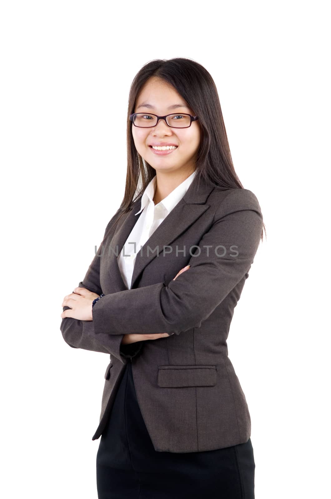 Smiling Asian Business woman over white background