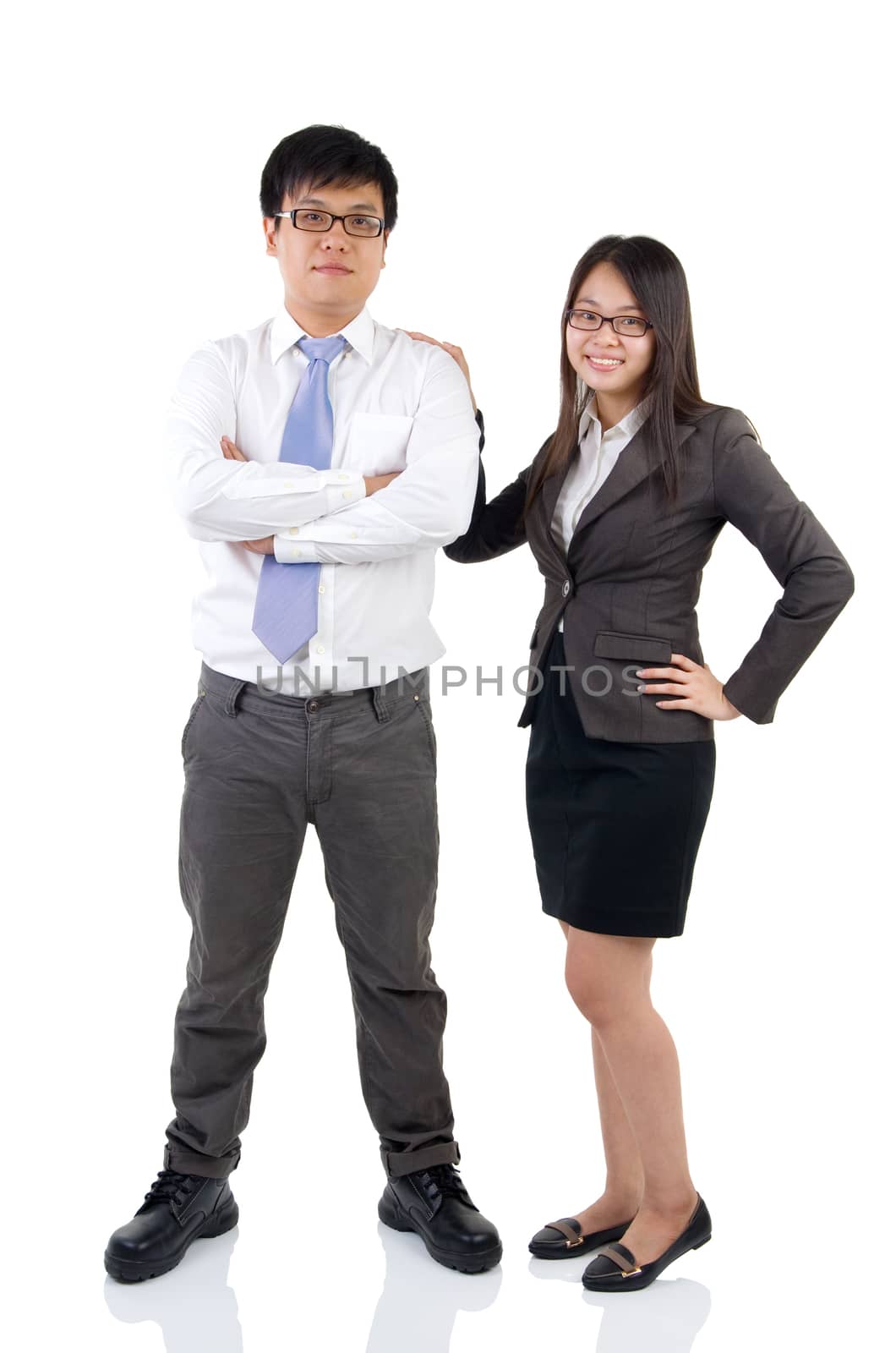 full length businessman and businesswoman isolated on white