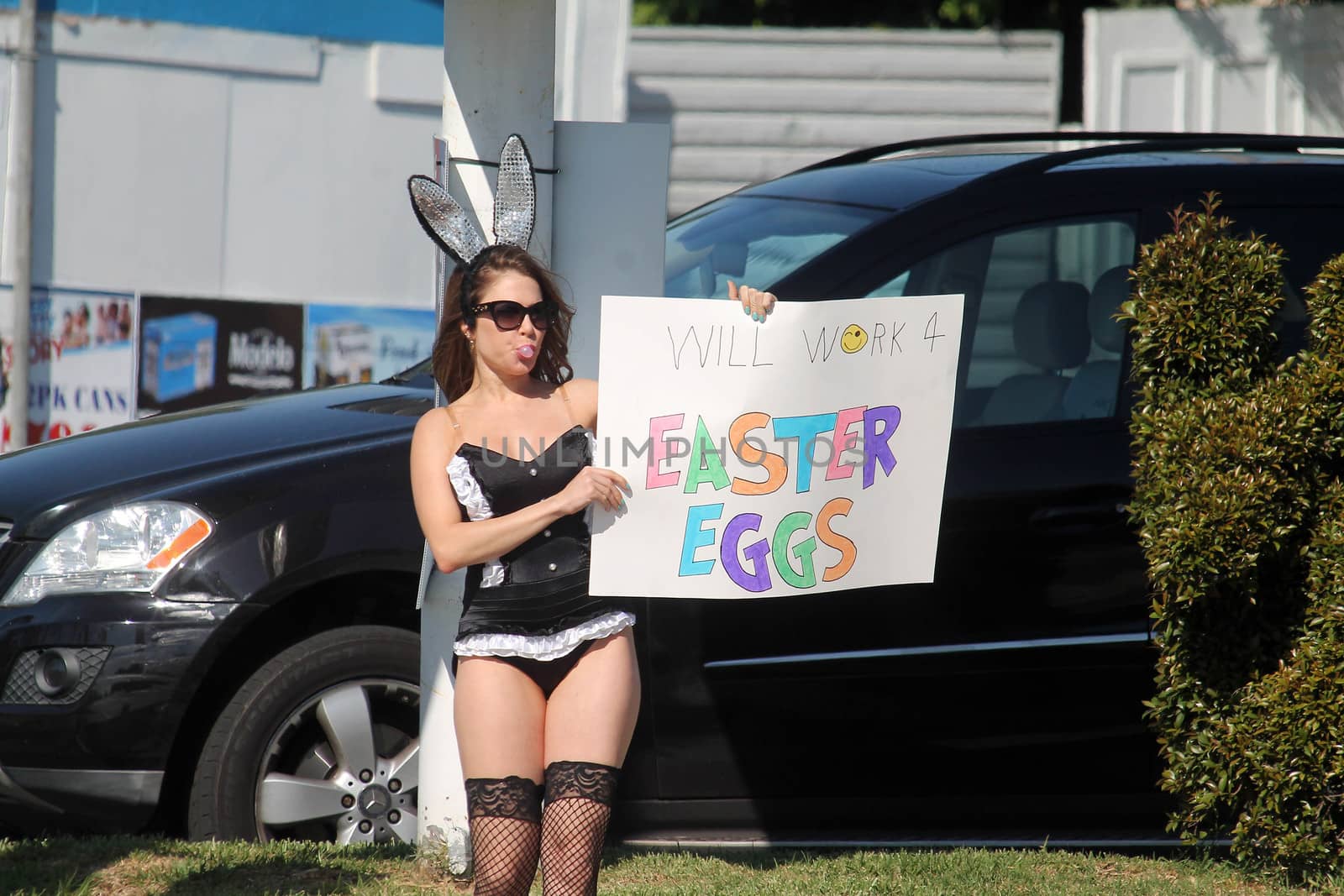 Erika Jordan the "Playboy TV Host" is spotted shooting a Sexy Easter Bunny skit in Los Angeles, CA 04-11-17