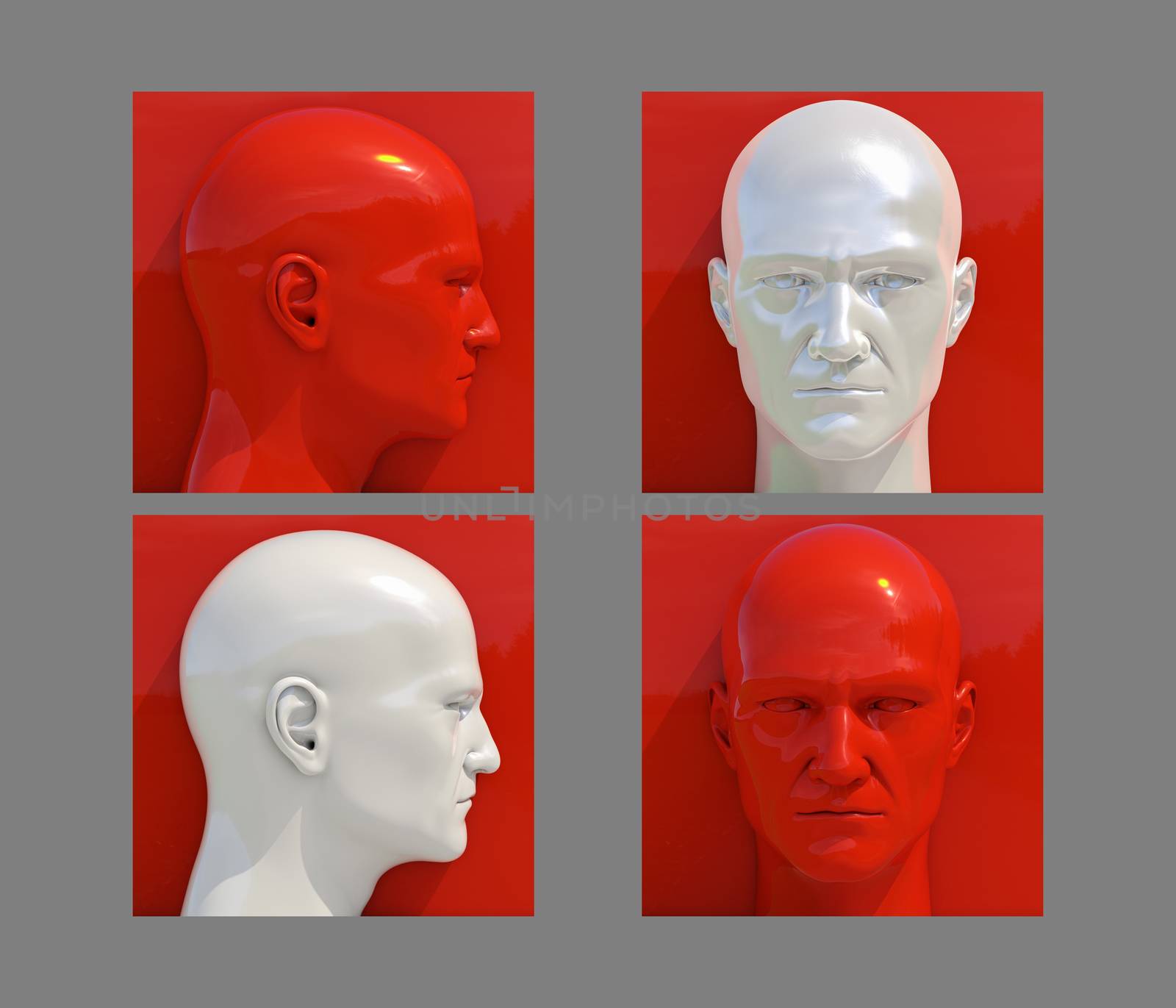 Realistic 3d Human Heads on Different Brightly Colored Backgrounds, Mannequin Dummy Head, Pop Art Heads, Pop Art Poster