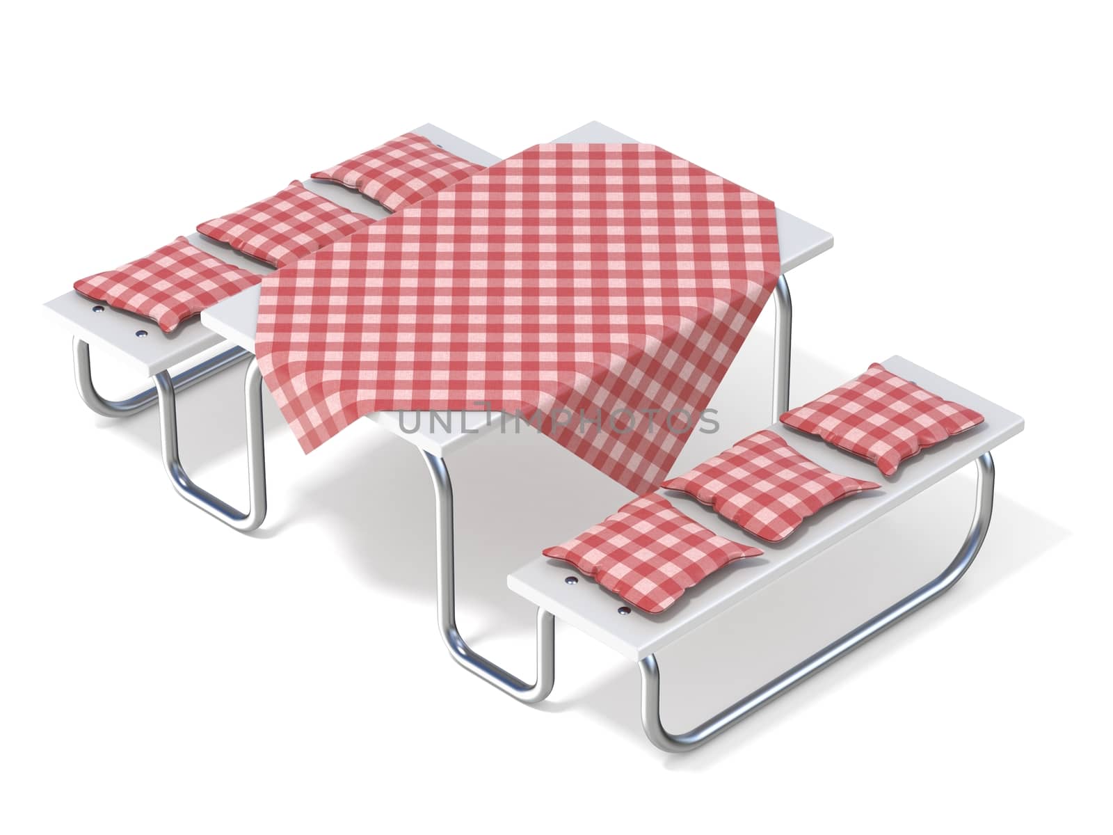 Picnic table with red table cover and pillows. 3D render illustration isolated on white background
