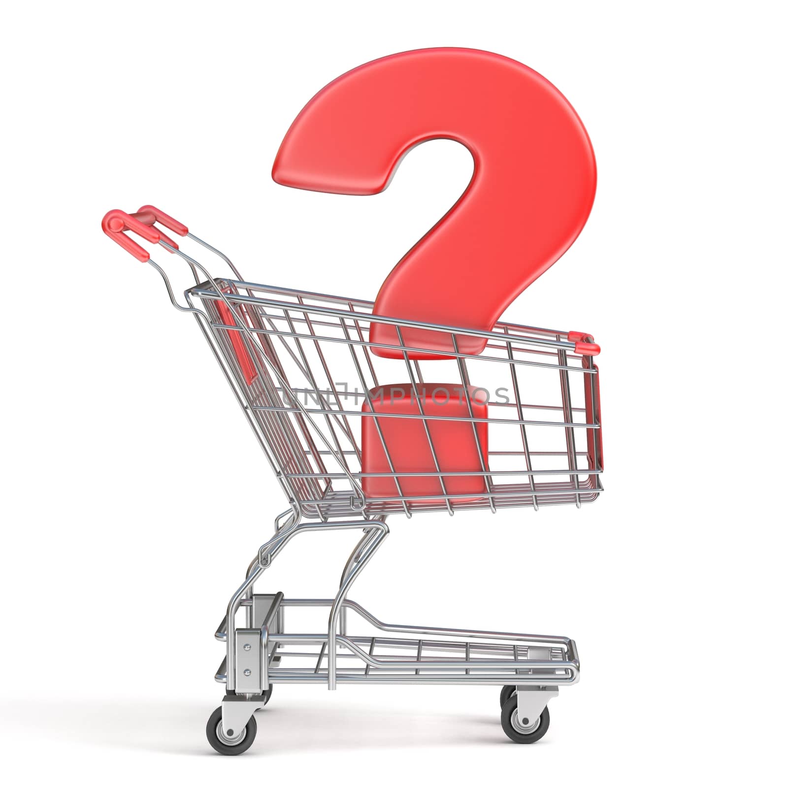 Red question mark inside shopping cart 3D render illustration isolated on white background