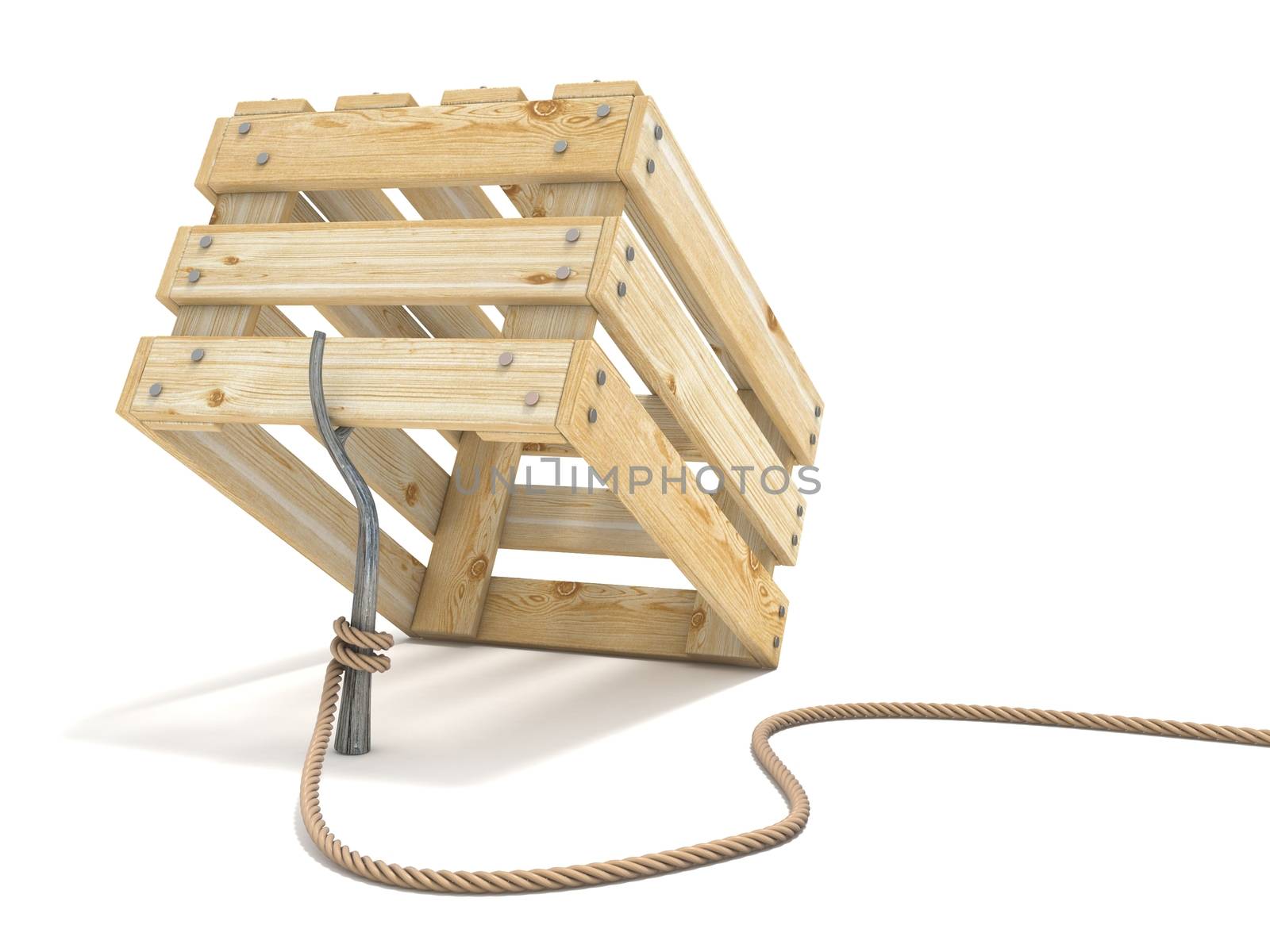 Trap made of wooden crate and rope tide to stick 3D render illustration isolated on white background