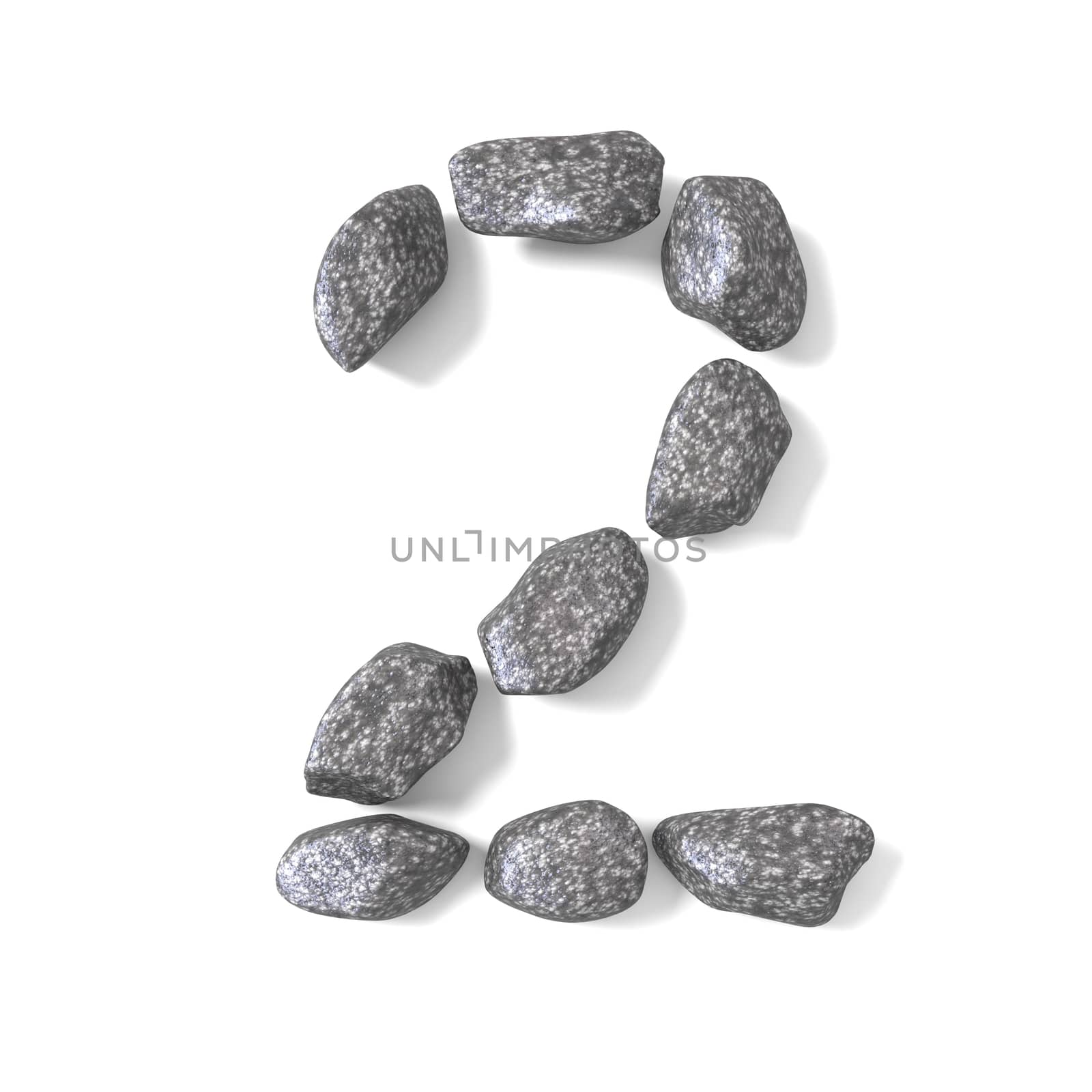 Font made of rocks NUMBER two 2 3D render illustration isolated on white background