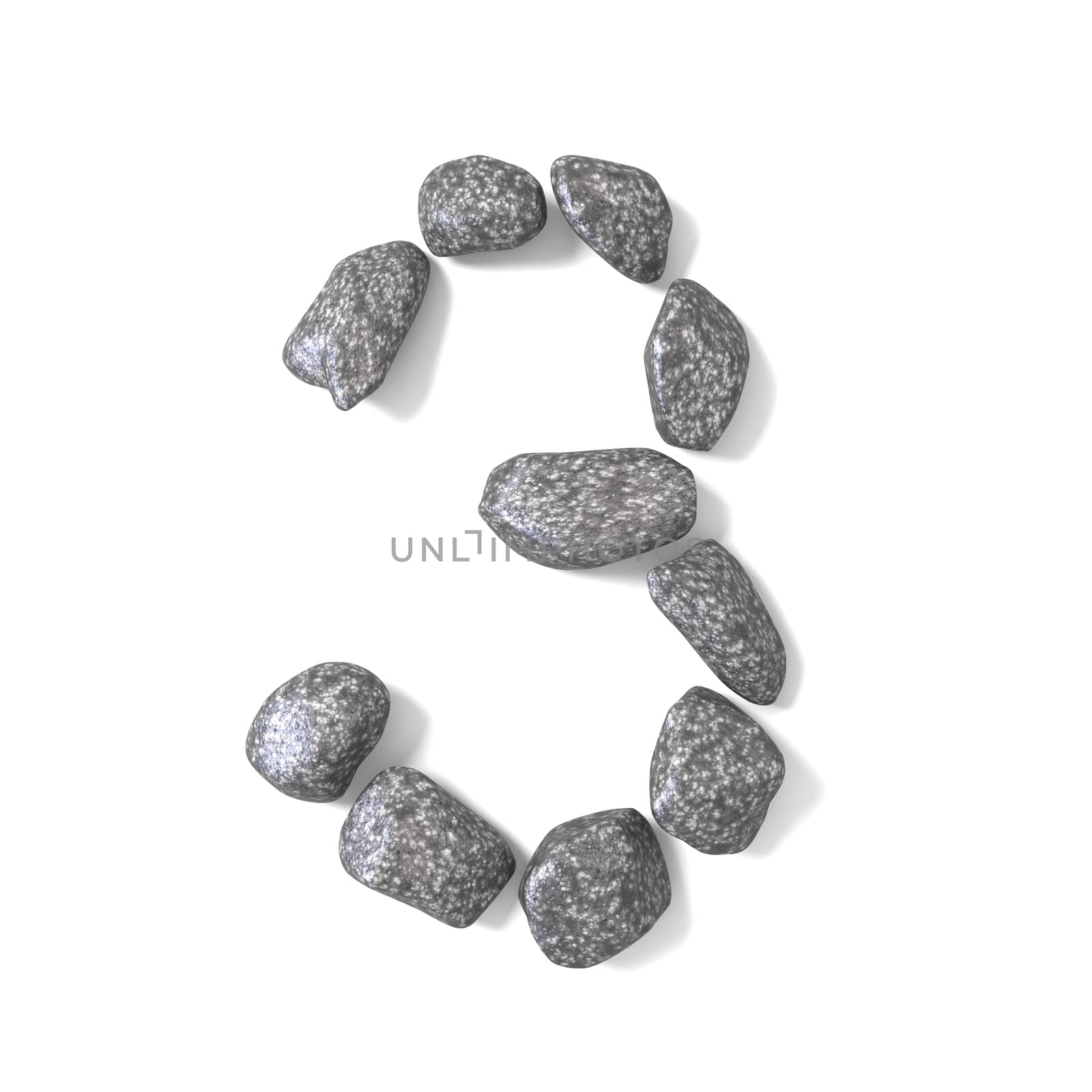 Font made of rocks NUMBER three 3 3D render illustration isolated on white background