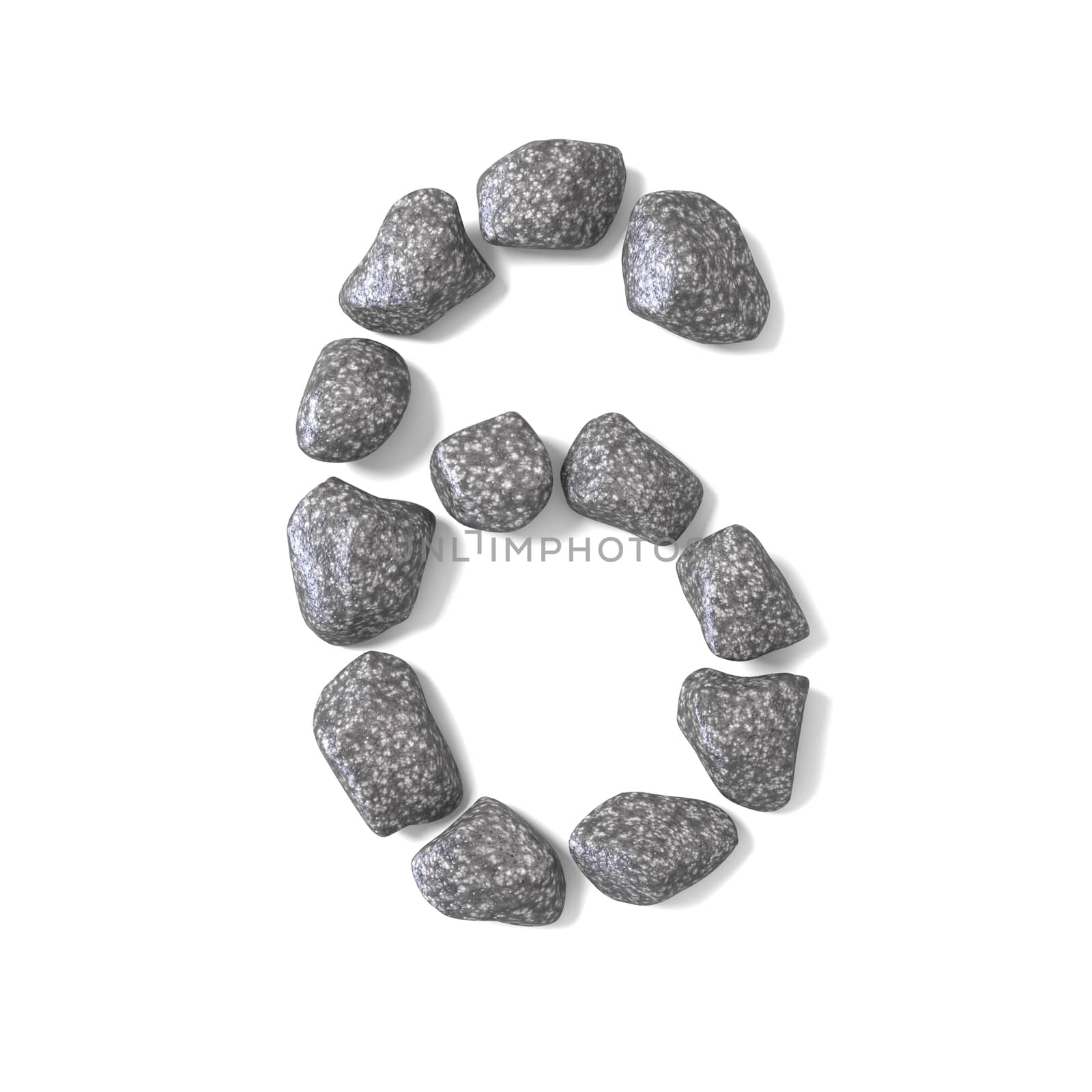 Font made of rocks NUMBER six 6 3D render illustration isolated on white background