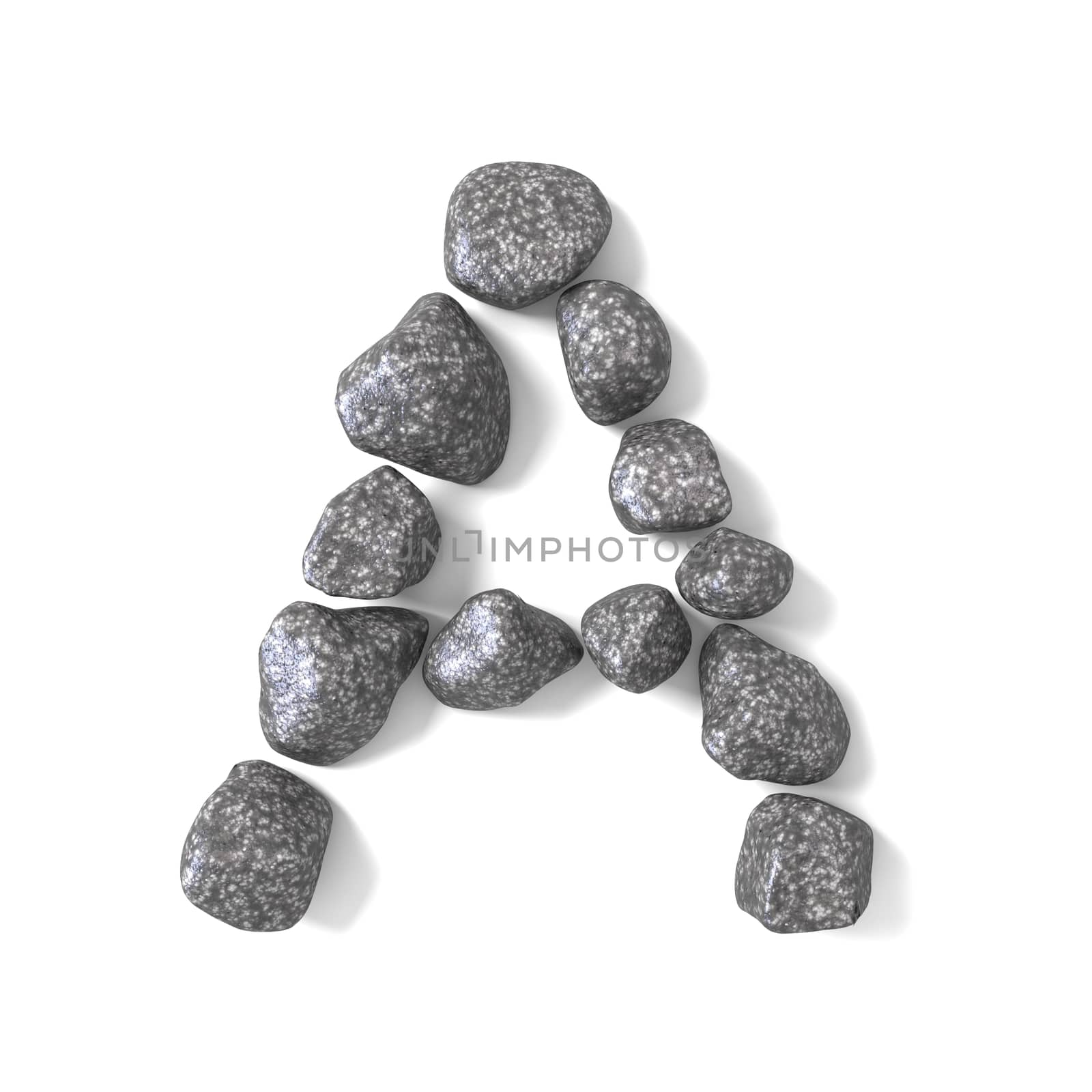 Font made of rocks LETTER A 3D render illustration isolated on white background
