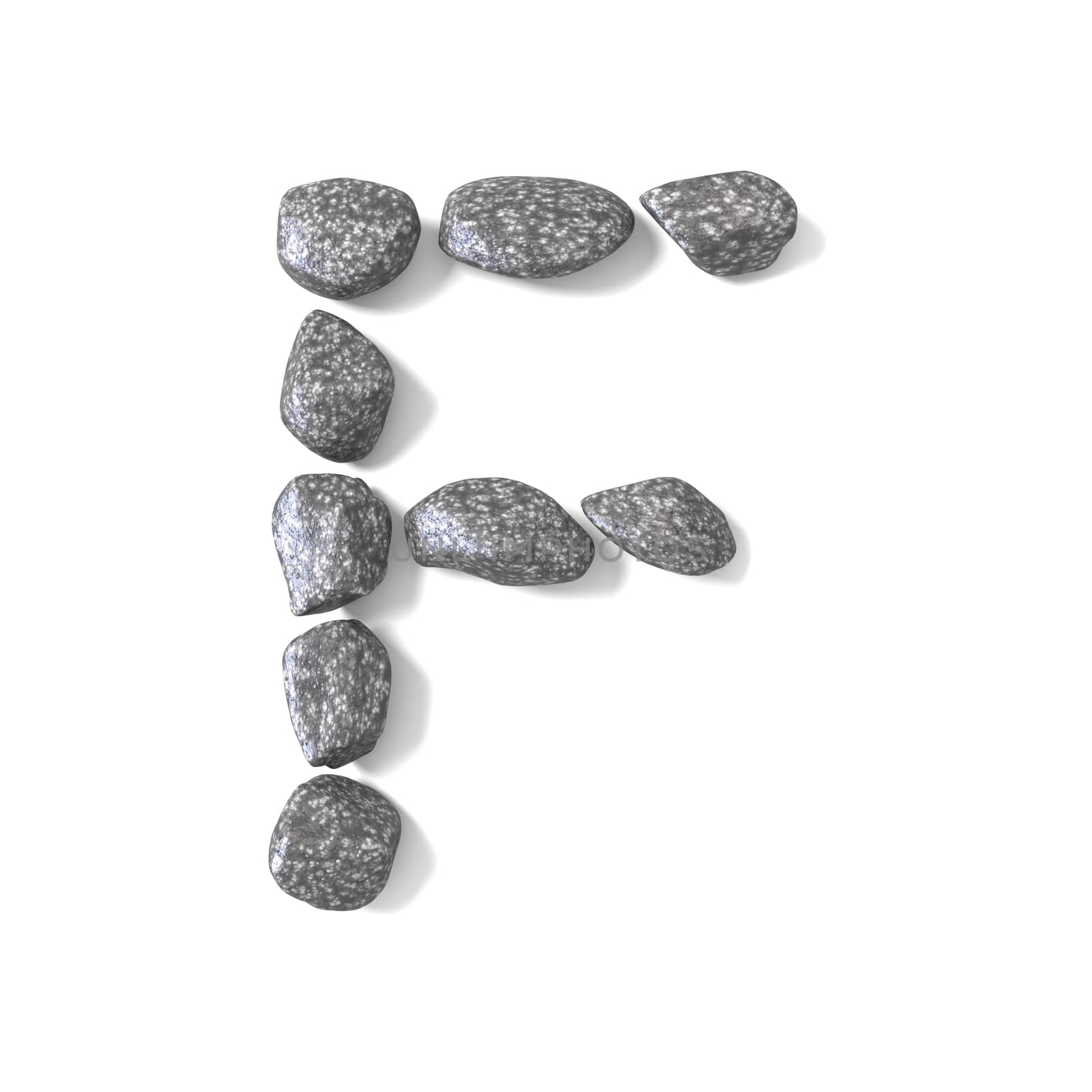 Font made of rocks LETTER F 3D render illustration isolated on white background